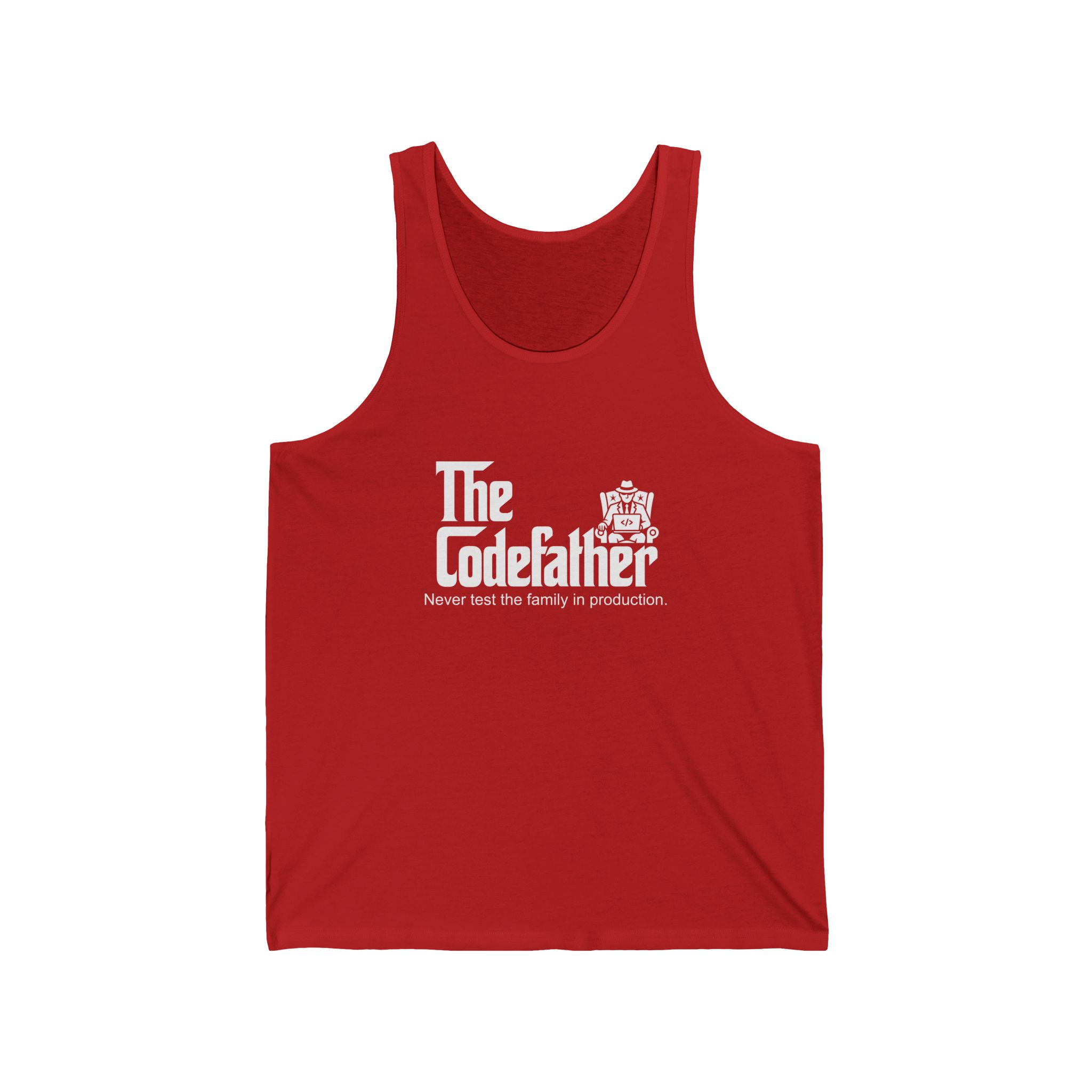The Codefather unisex tank in Red, front view