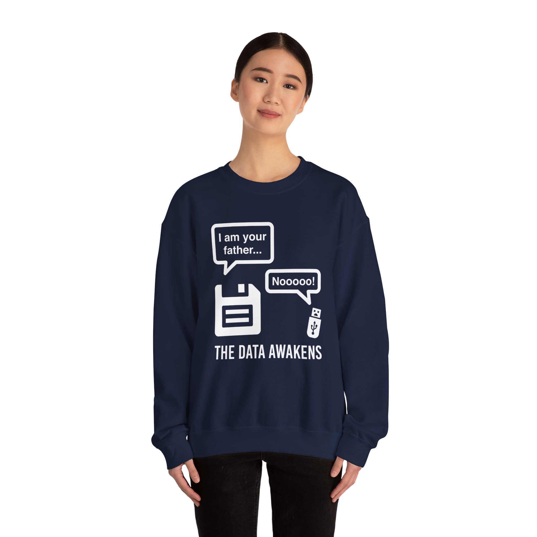 The Data Awakens crewneck sweatshirt in Navy, worn by a model