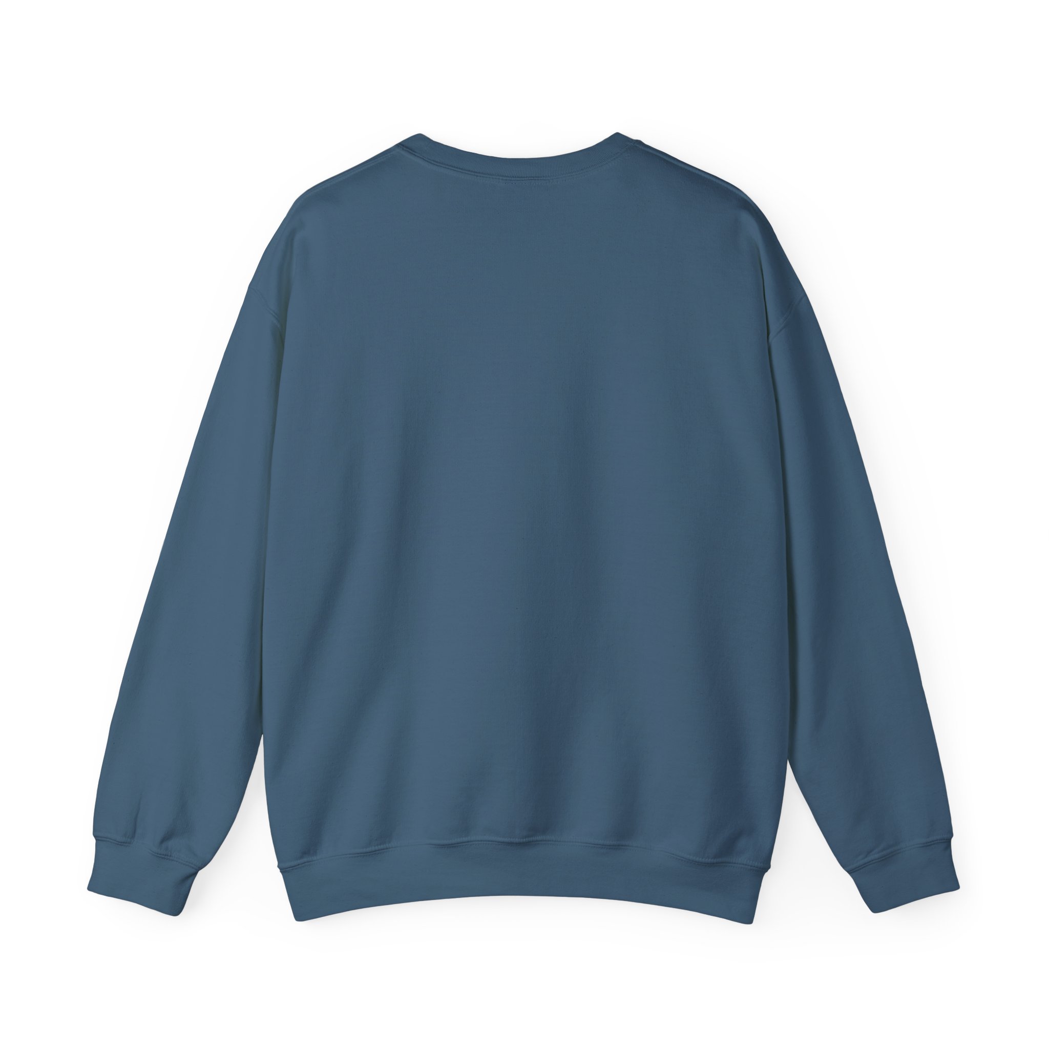 In Case of Burnout crewneck sweatshirt in Indigo Blue, back view