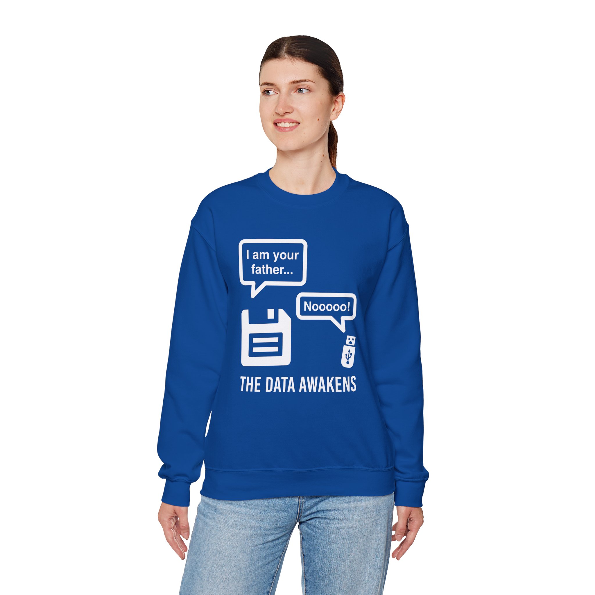 The Data Awakens crewneck sweatshirt in Royal, worn by a model, fourth view