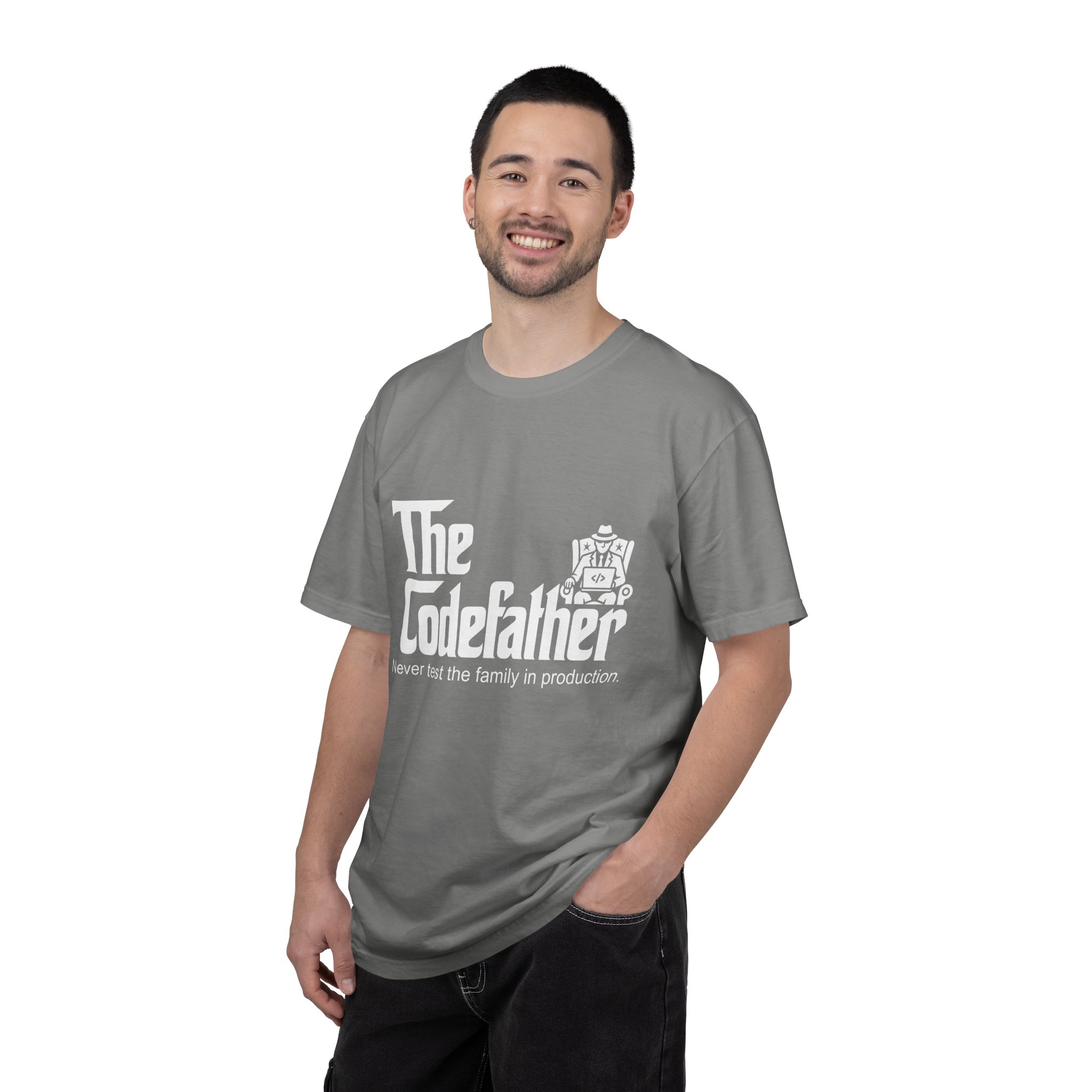 The Codefather T-shirt in Granite, worn by a man