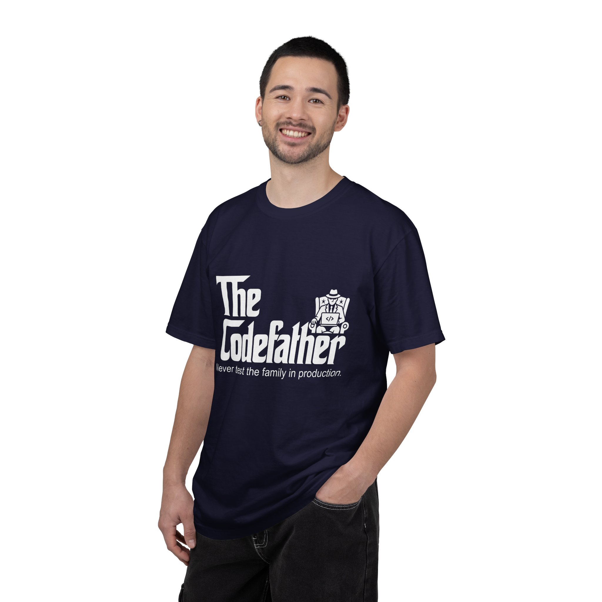 The Codefather T-shirt in True Navy, worn by a man