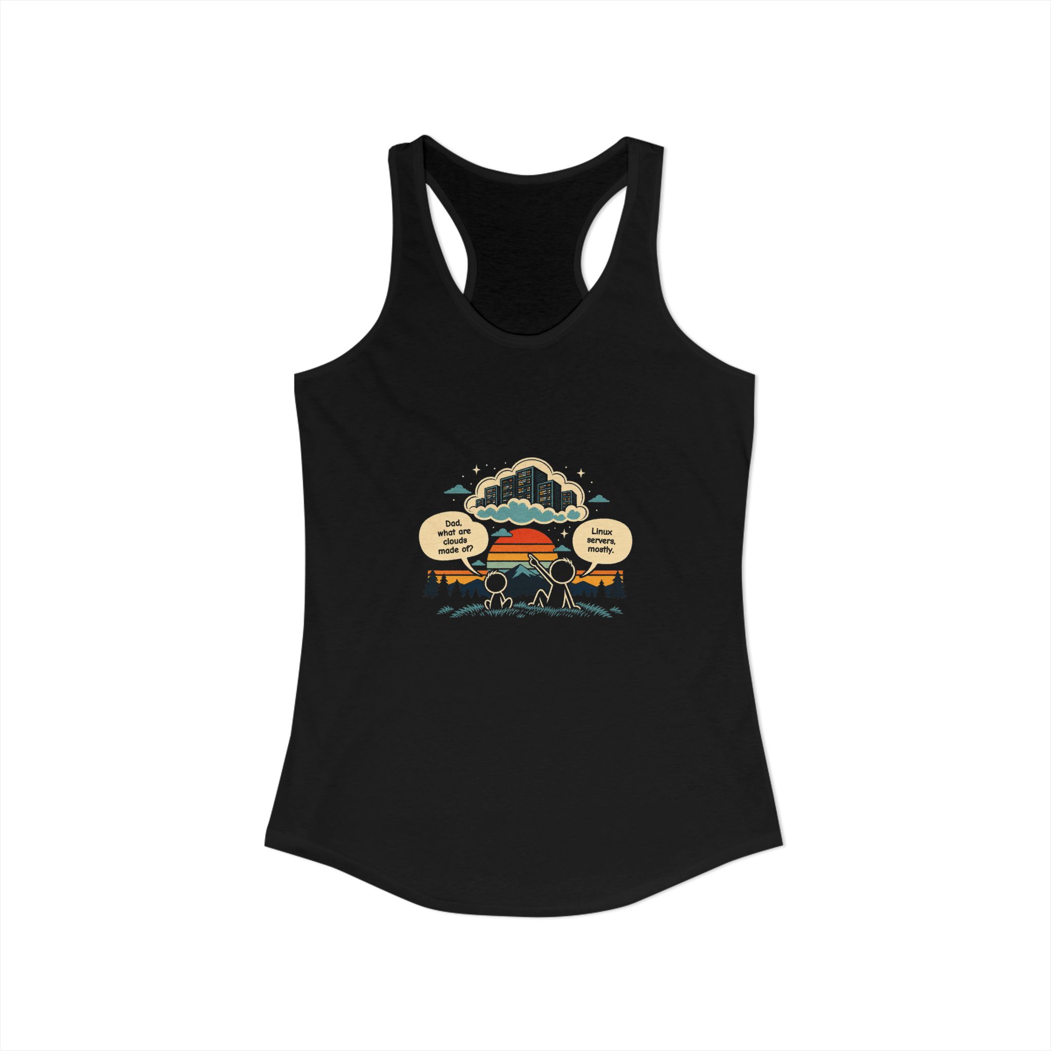 Linux Clouds women's racerback tank in Solid Black, front view