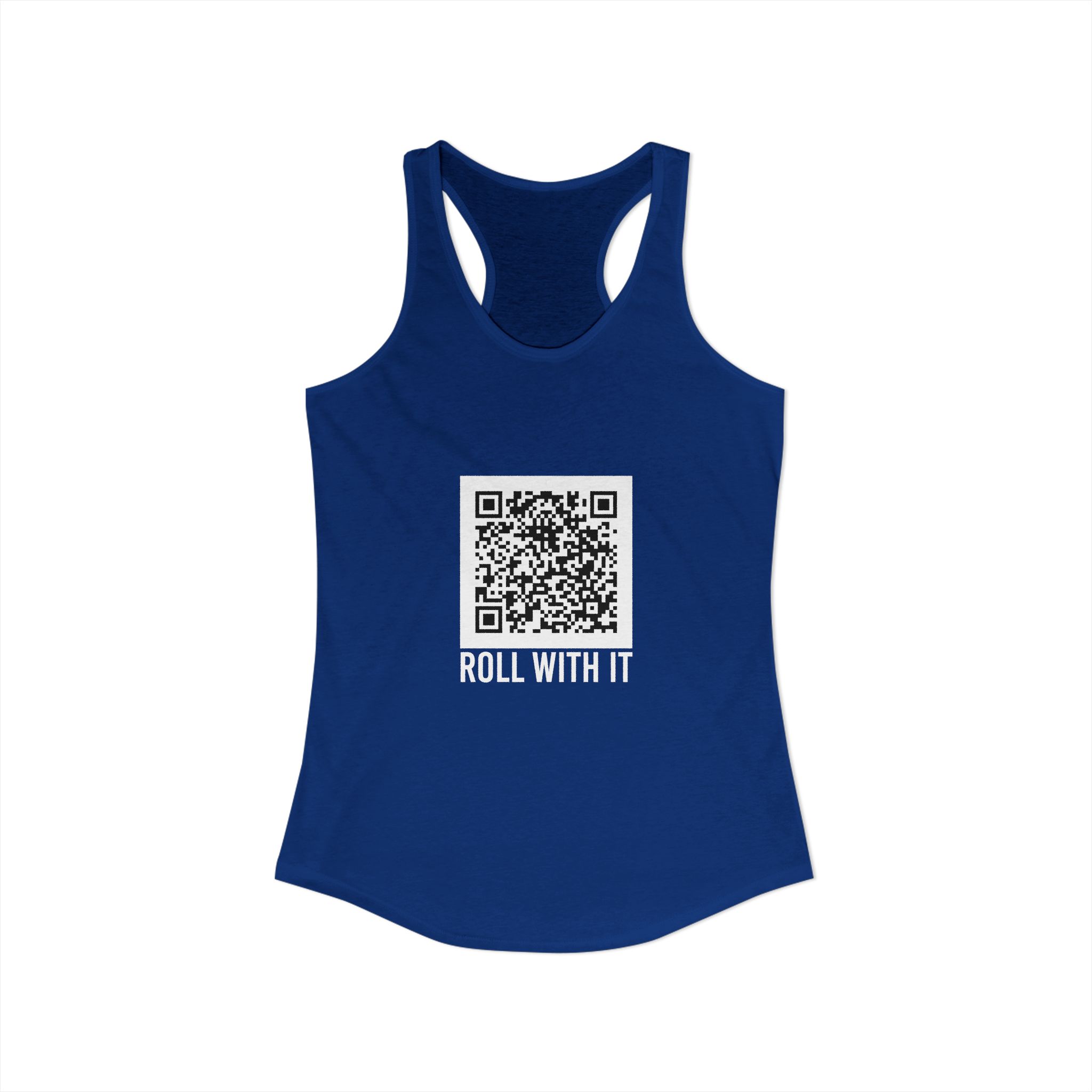 Roll With It QR Code women's racerback tank in Solid Royal, front view