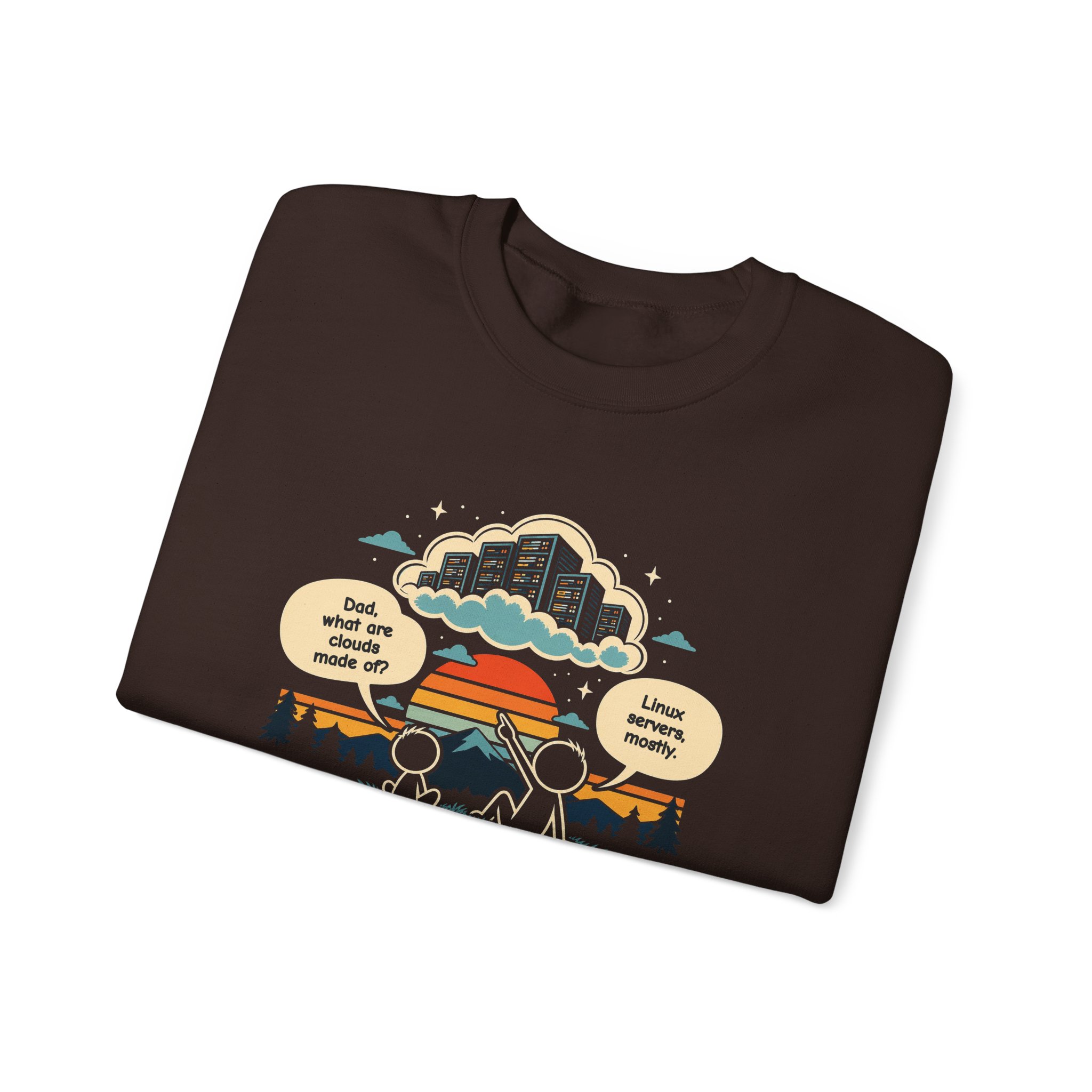 Linux Clouds crewneck sweatshirt in Dark Chocolate, folded