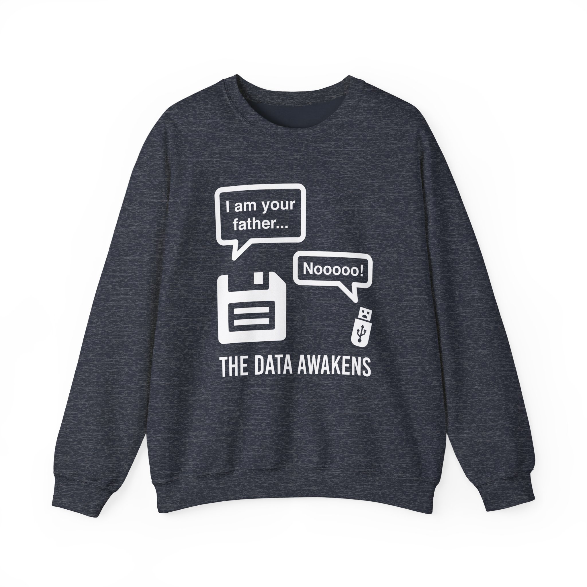 The Data Awakens crewneck sweatshirt in Heather Sport Dark Navy, front view
