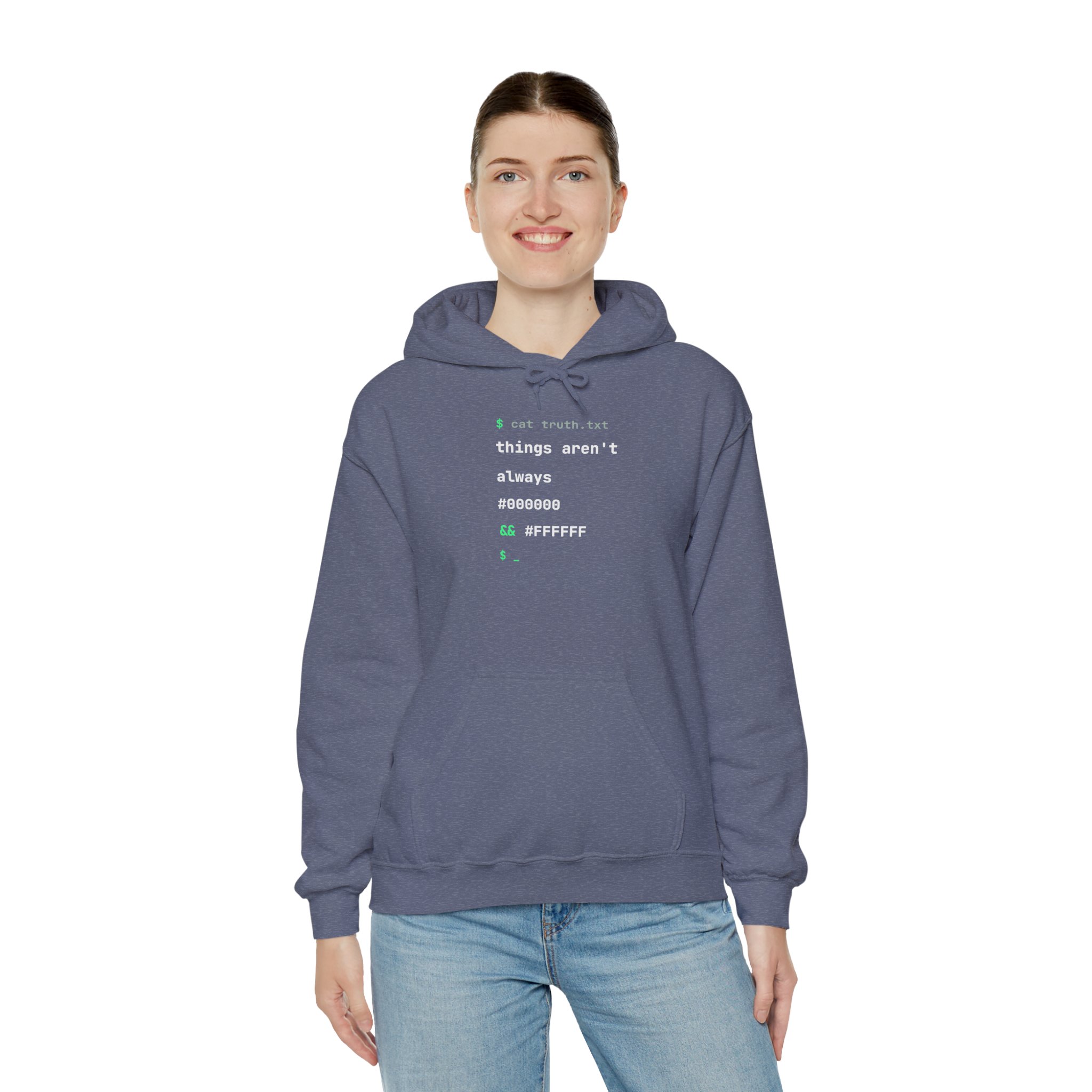 cat truth.txt hoodie in Heather Navy, worn by a model, third view