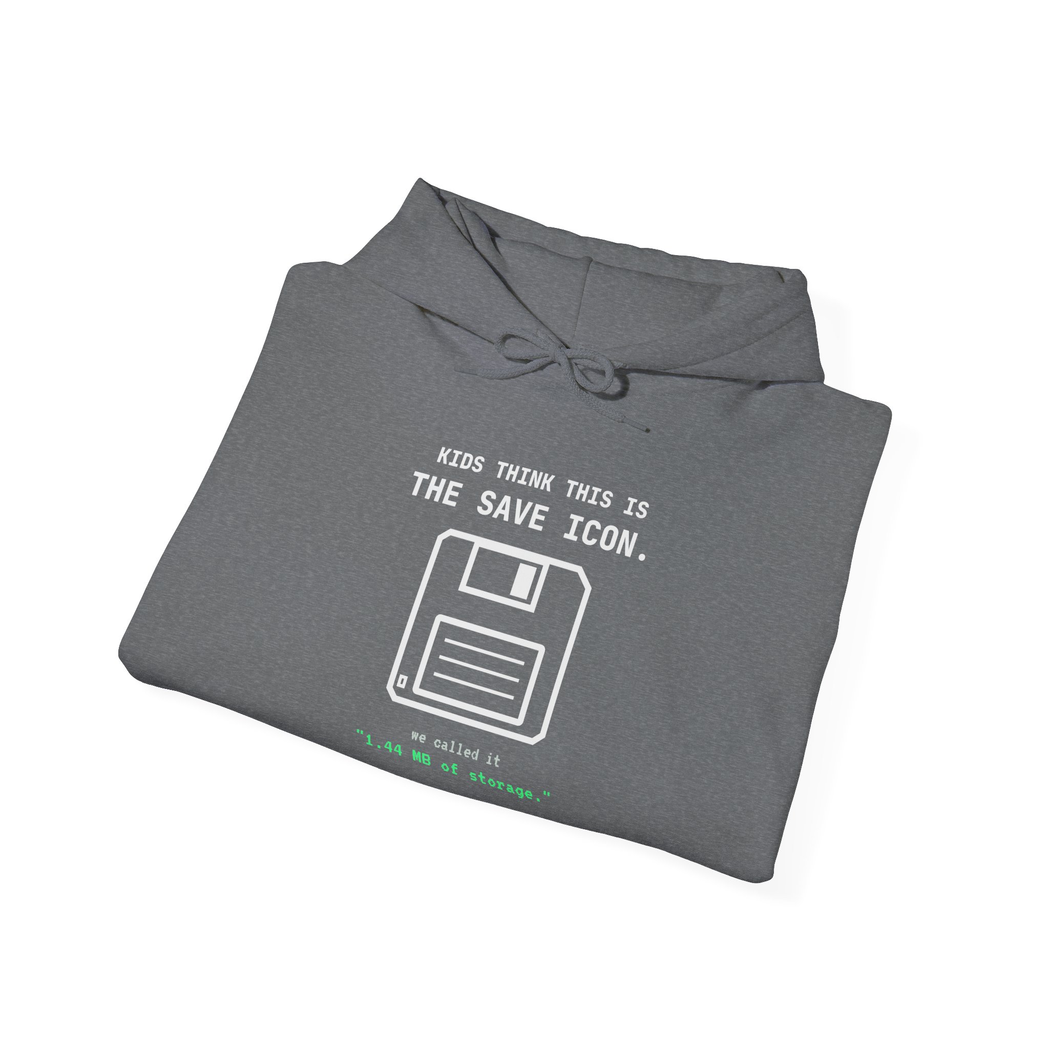 The Original Save Icon hoodie in Graphite Heather, folded