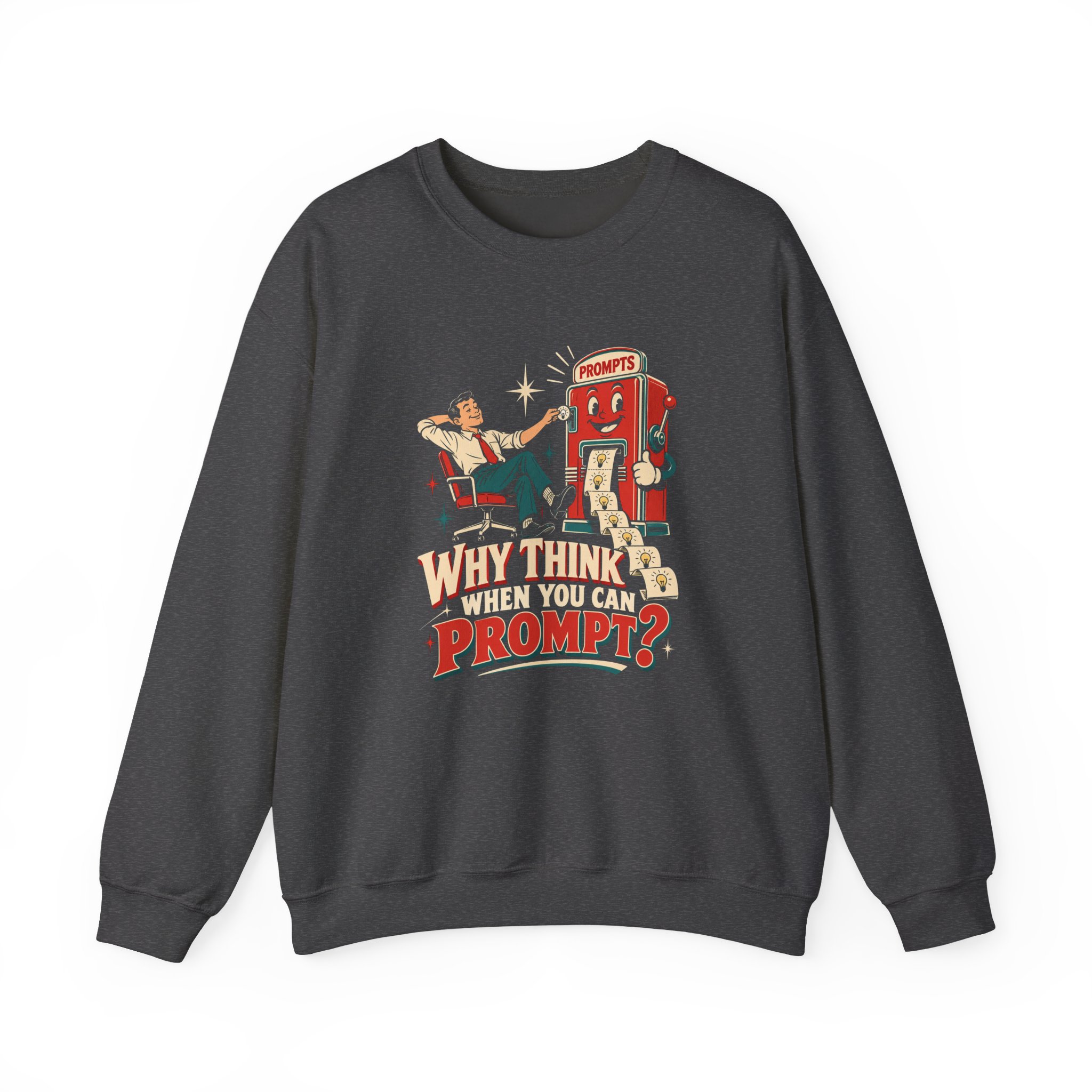 Prompt Machine crewneck sweatshirt in Dark Heather, front view