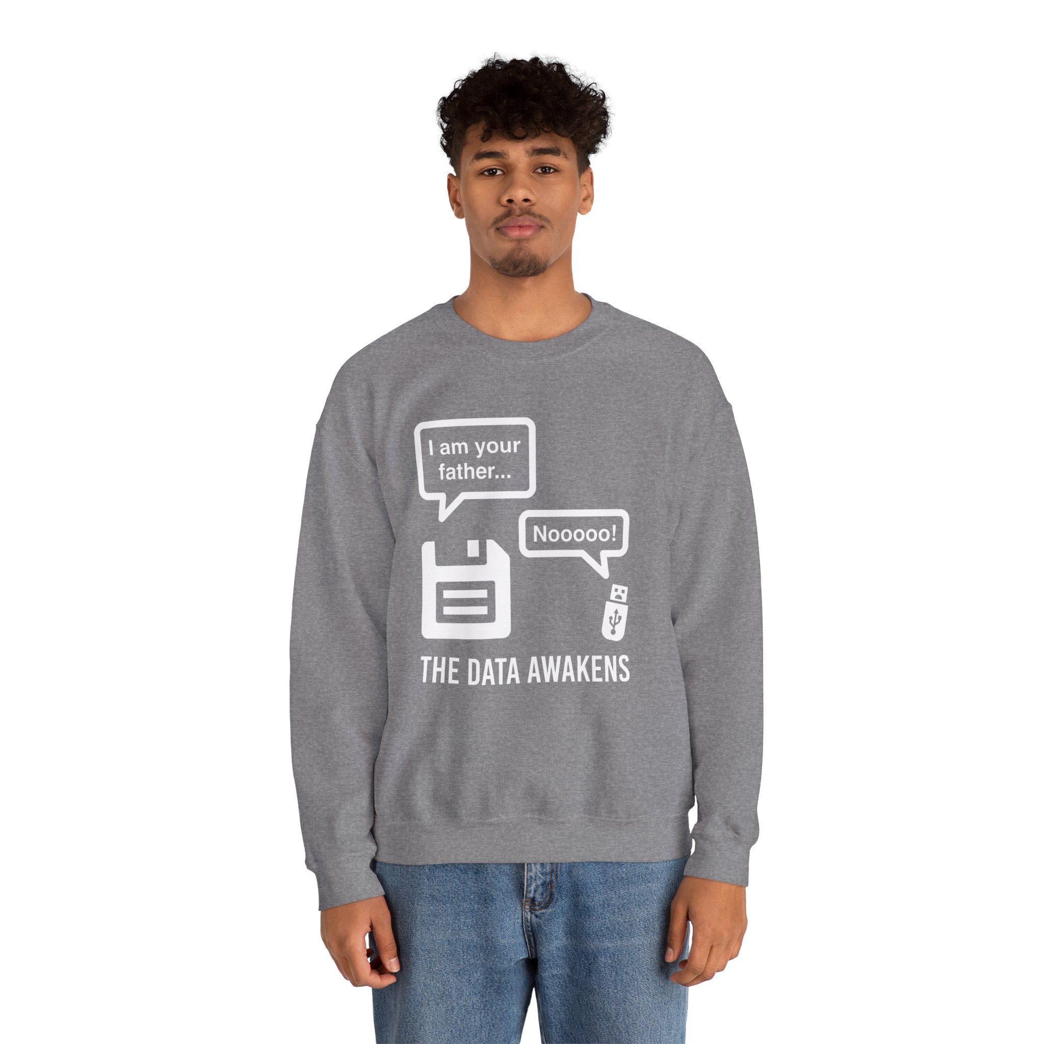 The Data Awakens crewneck sweatshirt in Graphite Heather, worn by a model, second view