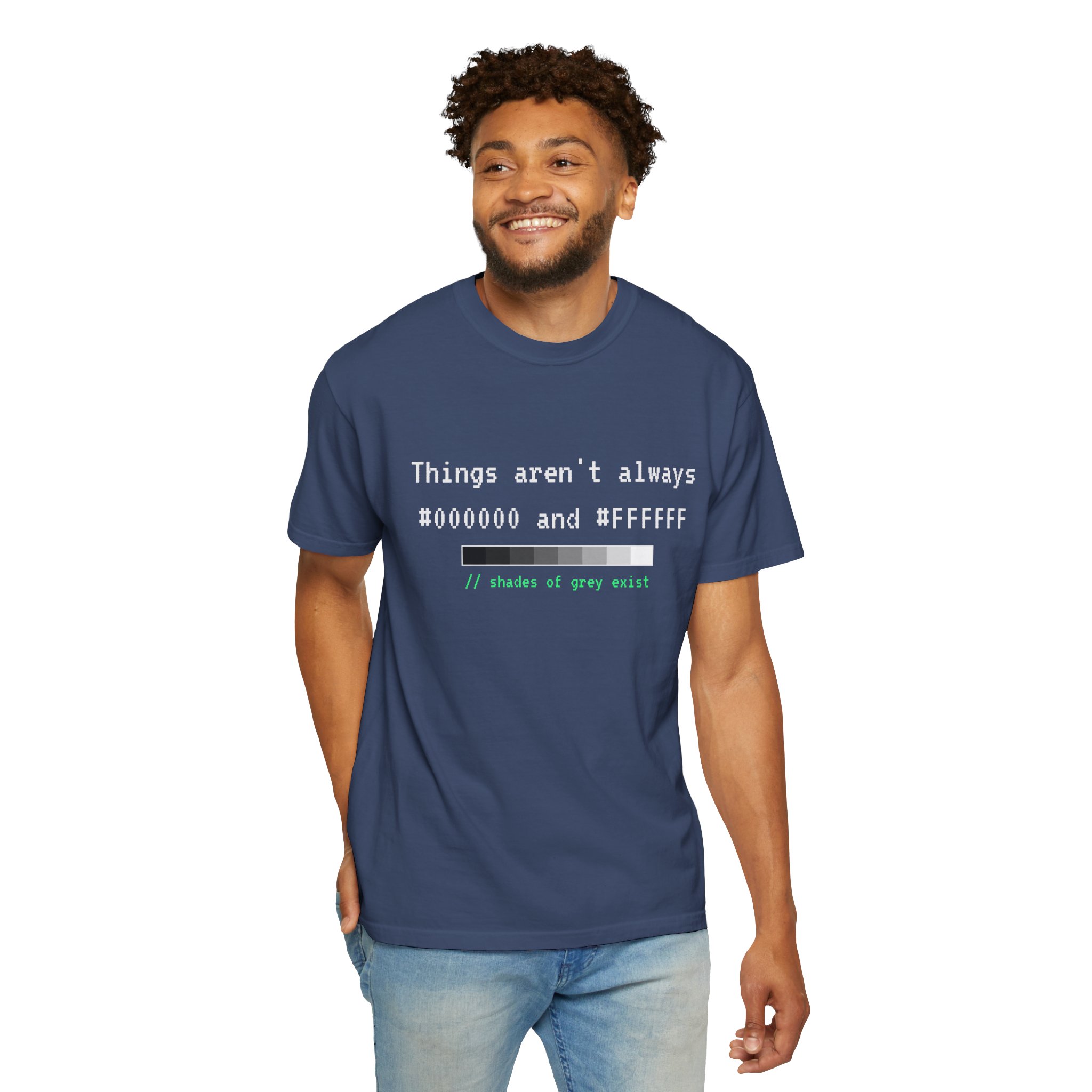 Shades of Grey Exist T-shirt in China Blue, worn by a man, second model