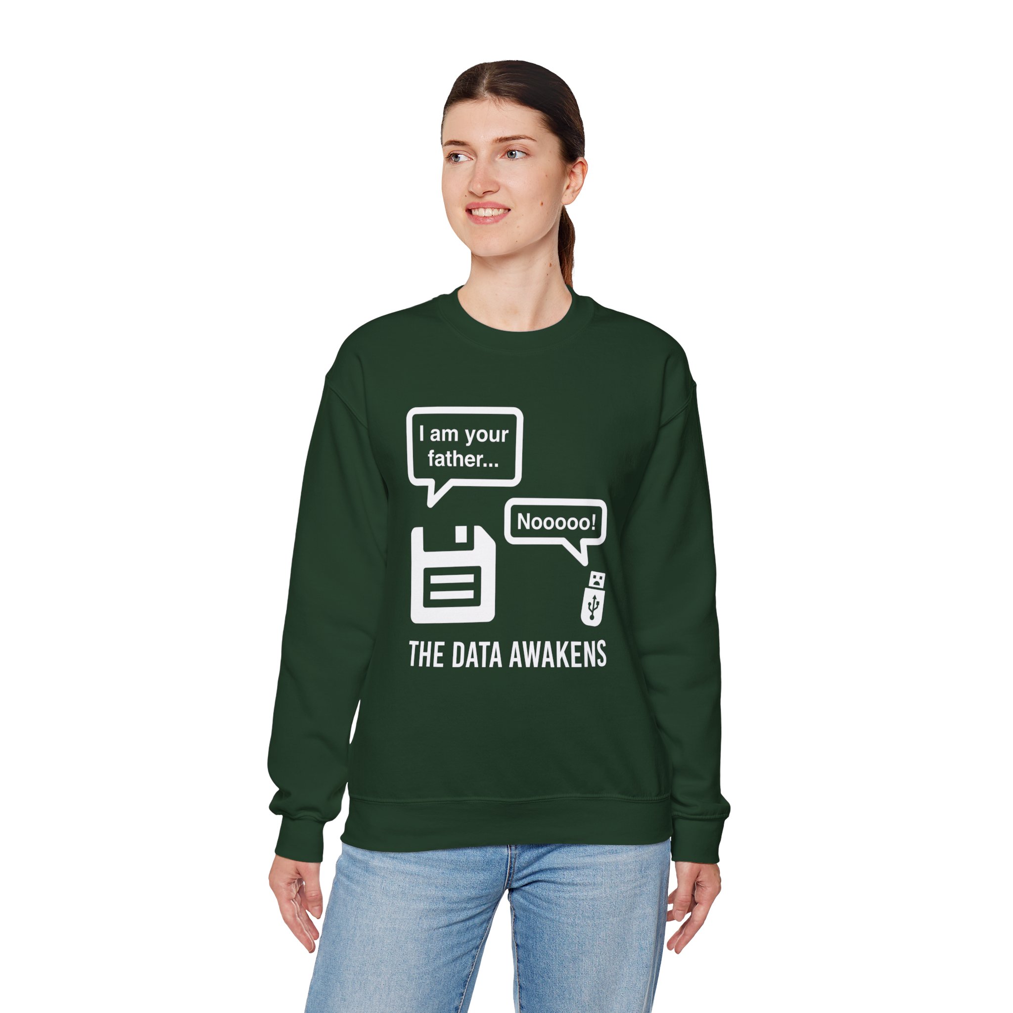 The Data Awakens crewneck sweatshirt in Forest Green, worn by a model, fourth view