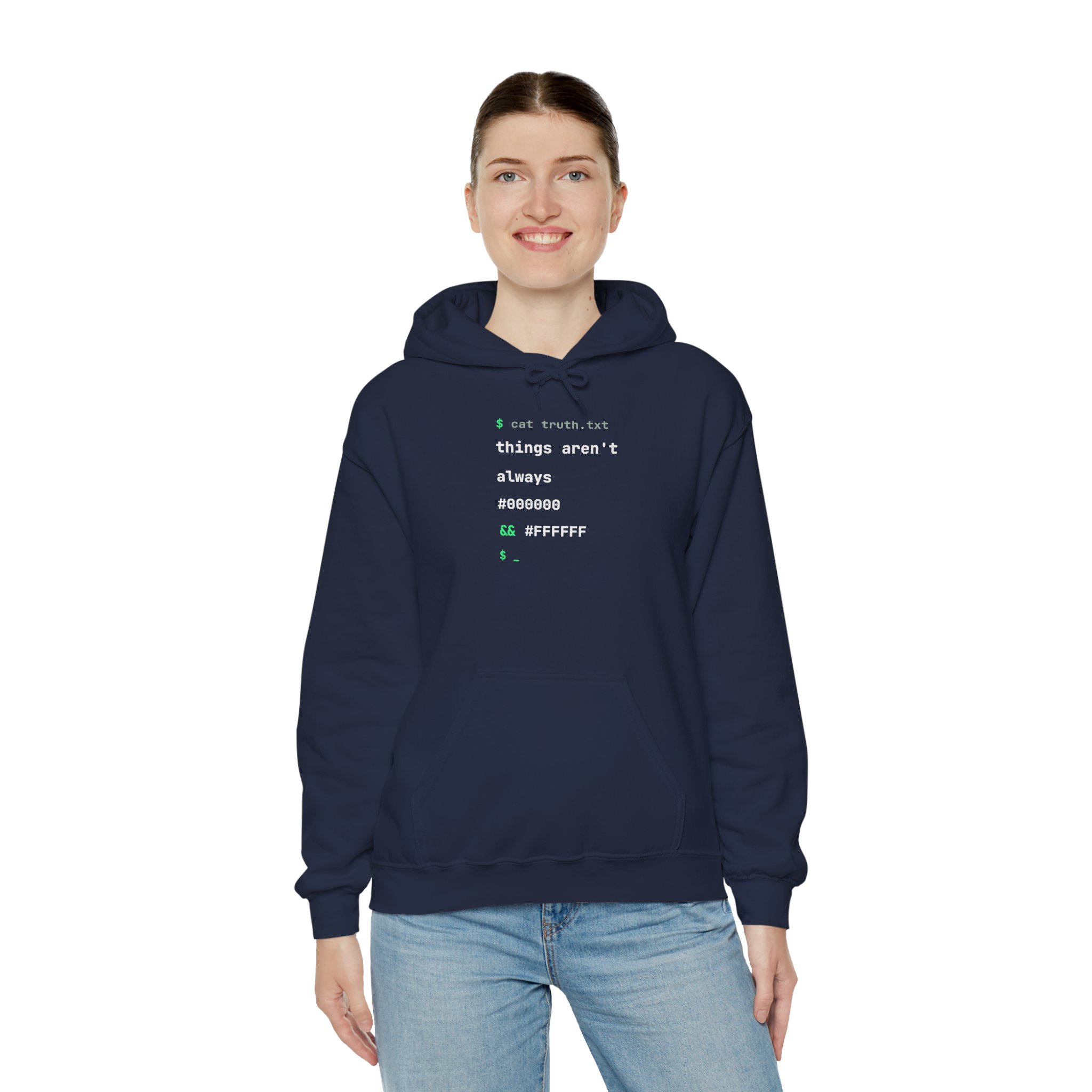 cat truth.txt hoodie in Navy, worn by a model, third view