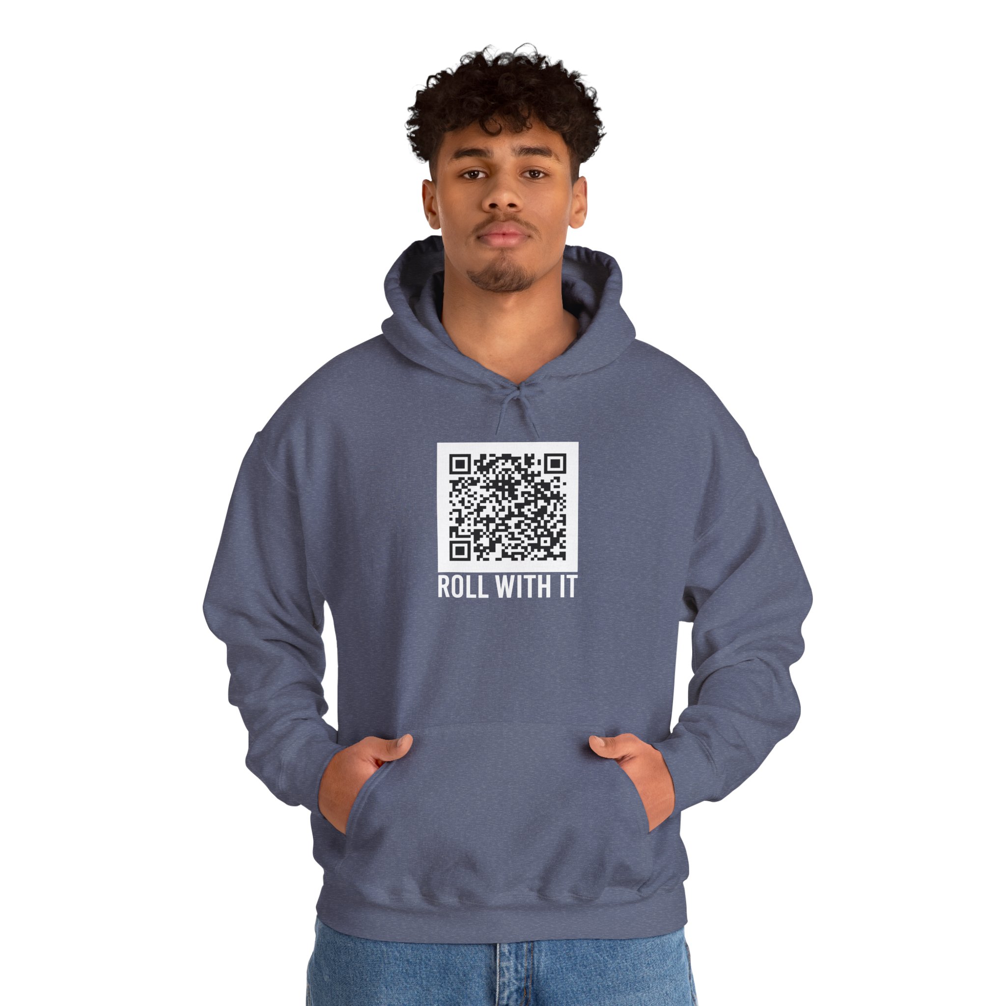 Roll With It QR Code hoodie in Heather Navy, worn by a model, second view