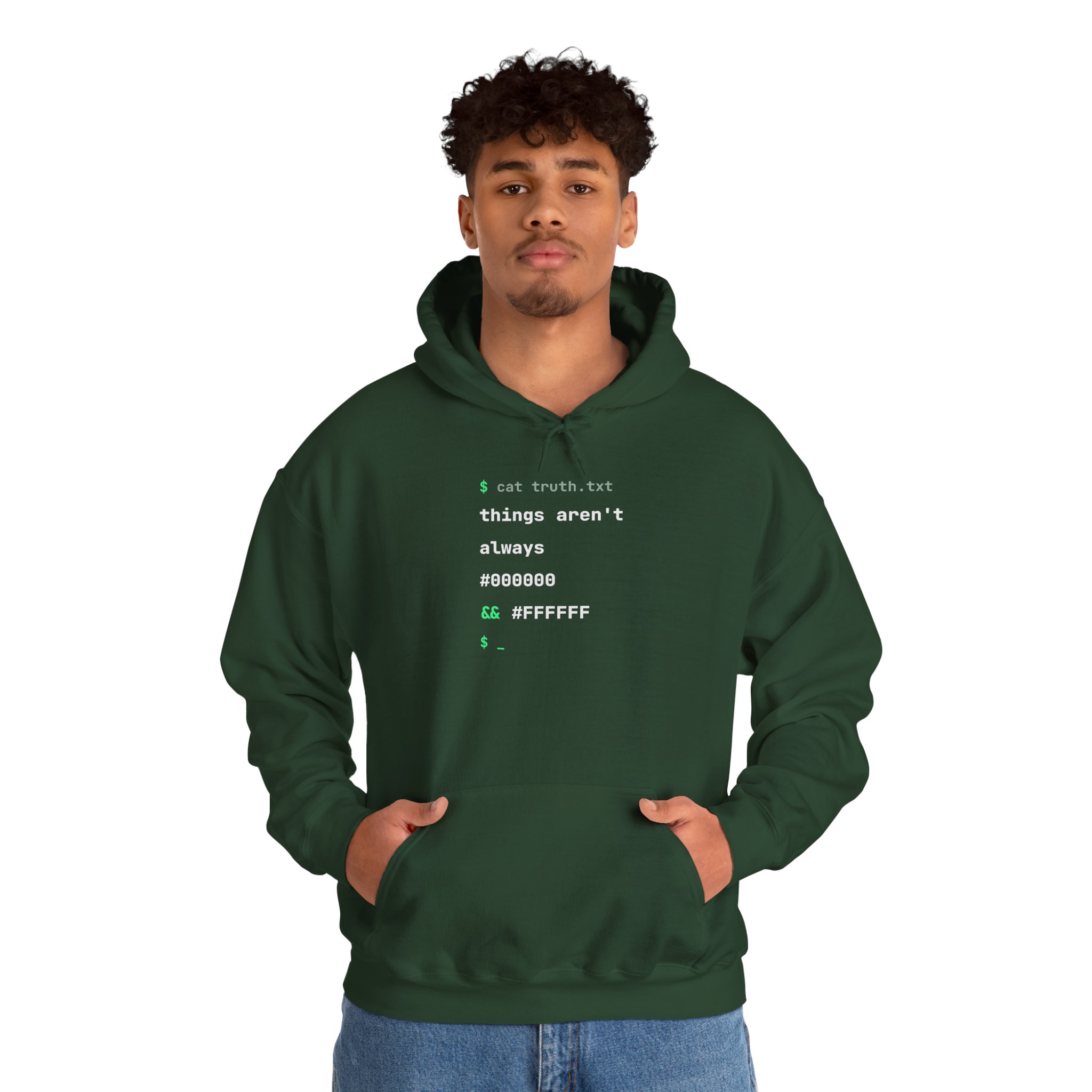 cat truth.txt hoodie in Forest Green, worn by a model, second view