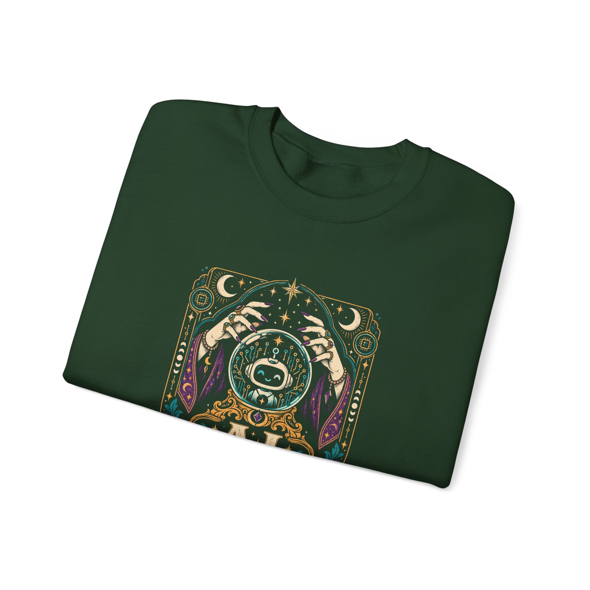 AI Magic Crystal Ball crewneck sweatshirt in Forest Green, folded