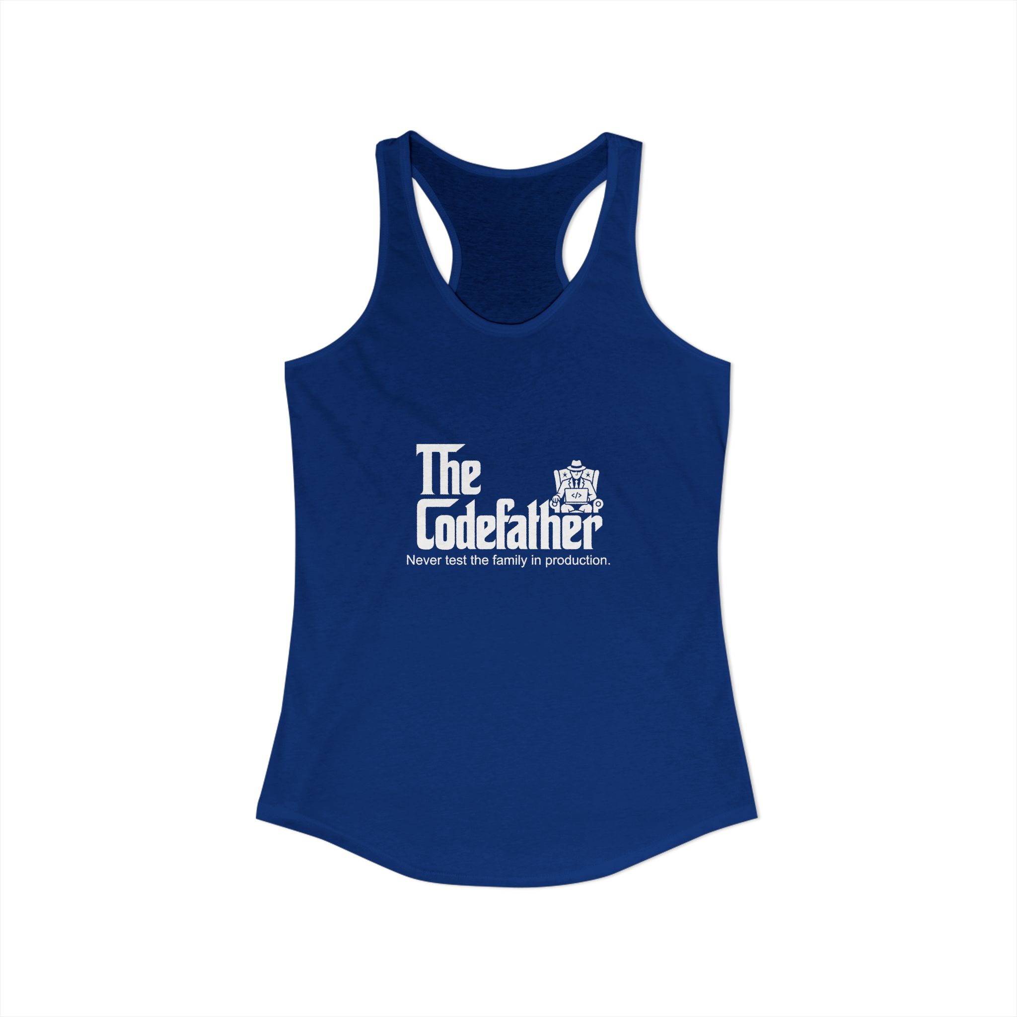The Codefather women's racerback tank in Solid Royal, front view