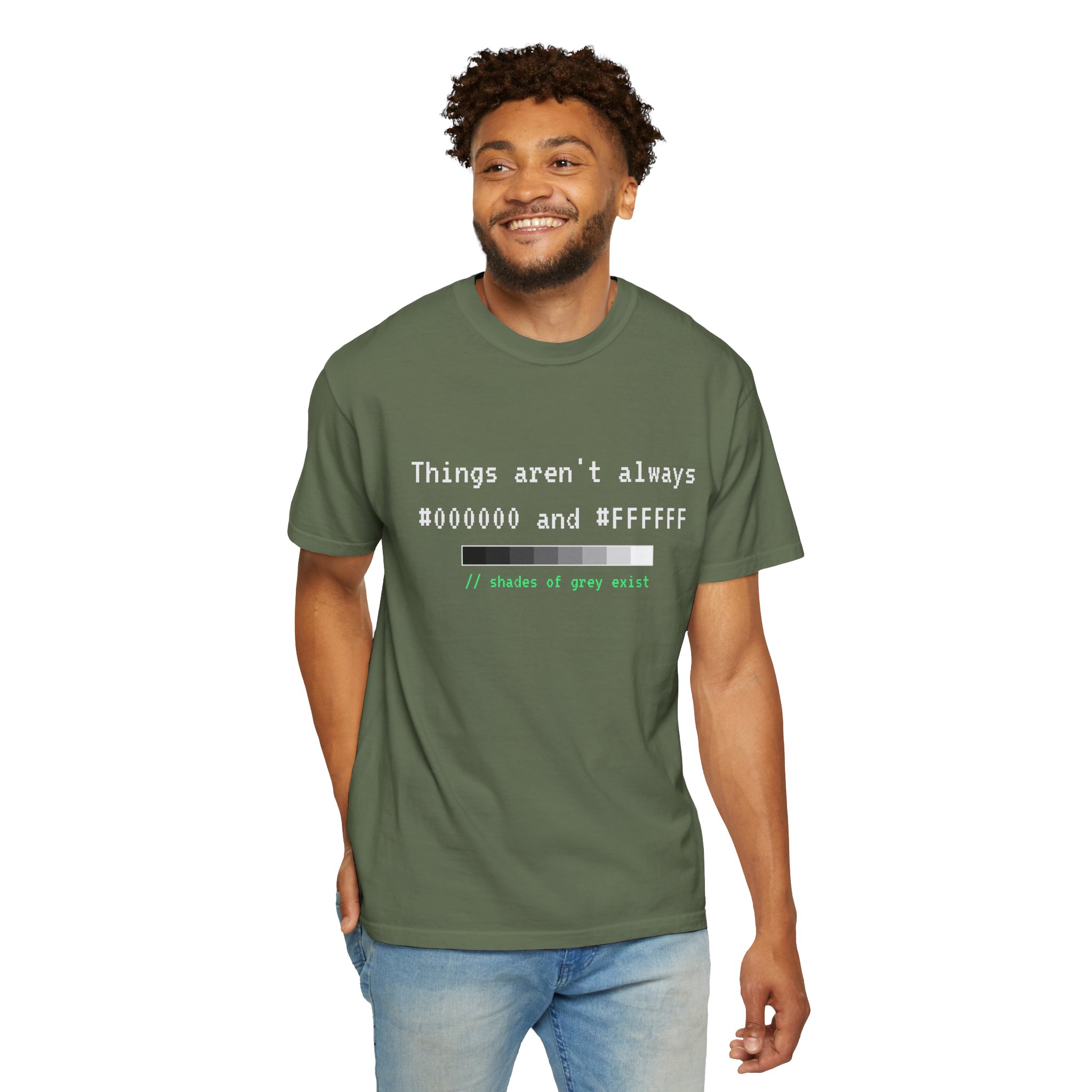 Shades of Grey Exist T-shirt in Sage, worn by a man, second model