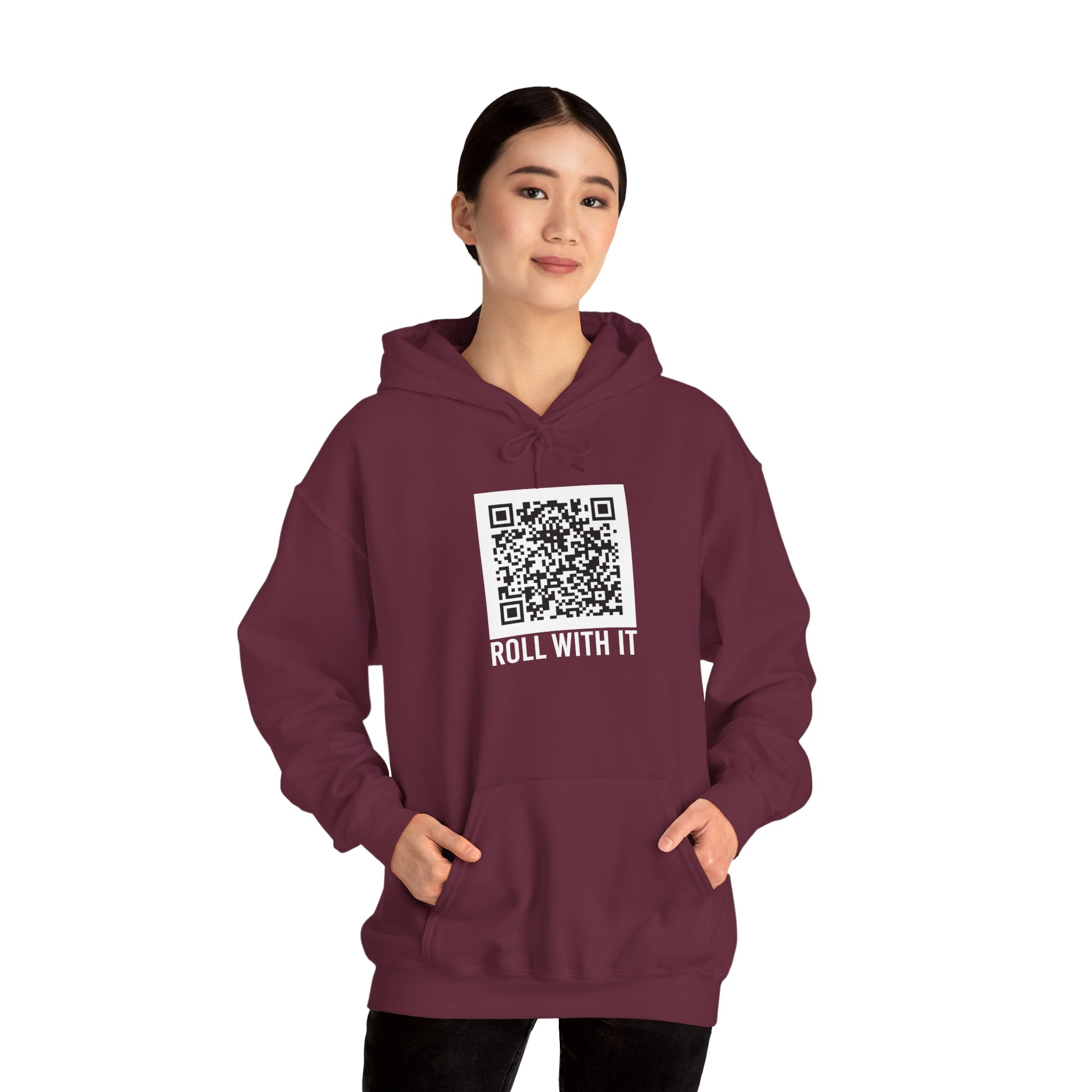 Roll With It QR Code hoodie in Maroon, worn by a model