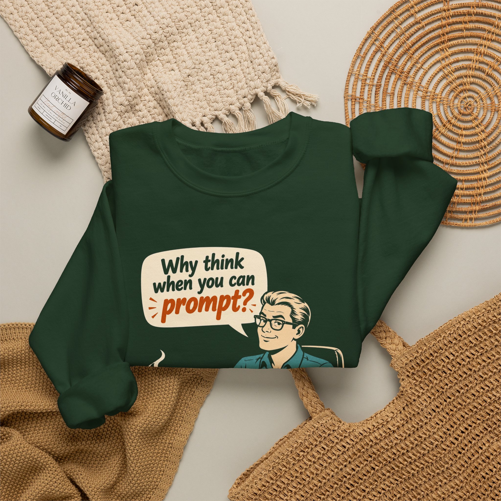 Why Think When You Can Prompt crewneck sweatshirt in Forest Green, folded 2