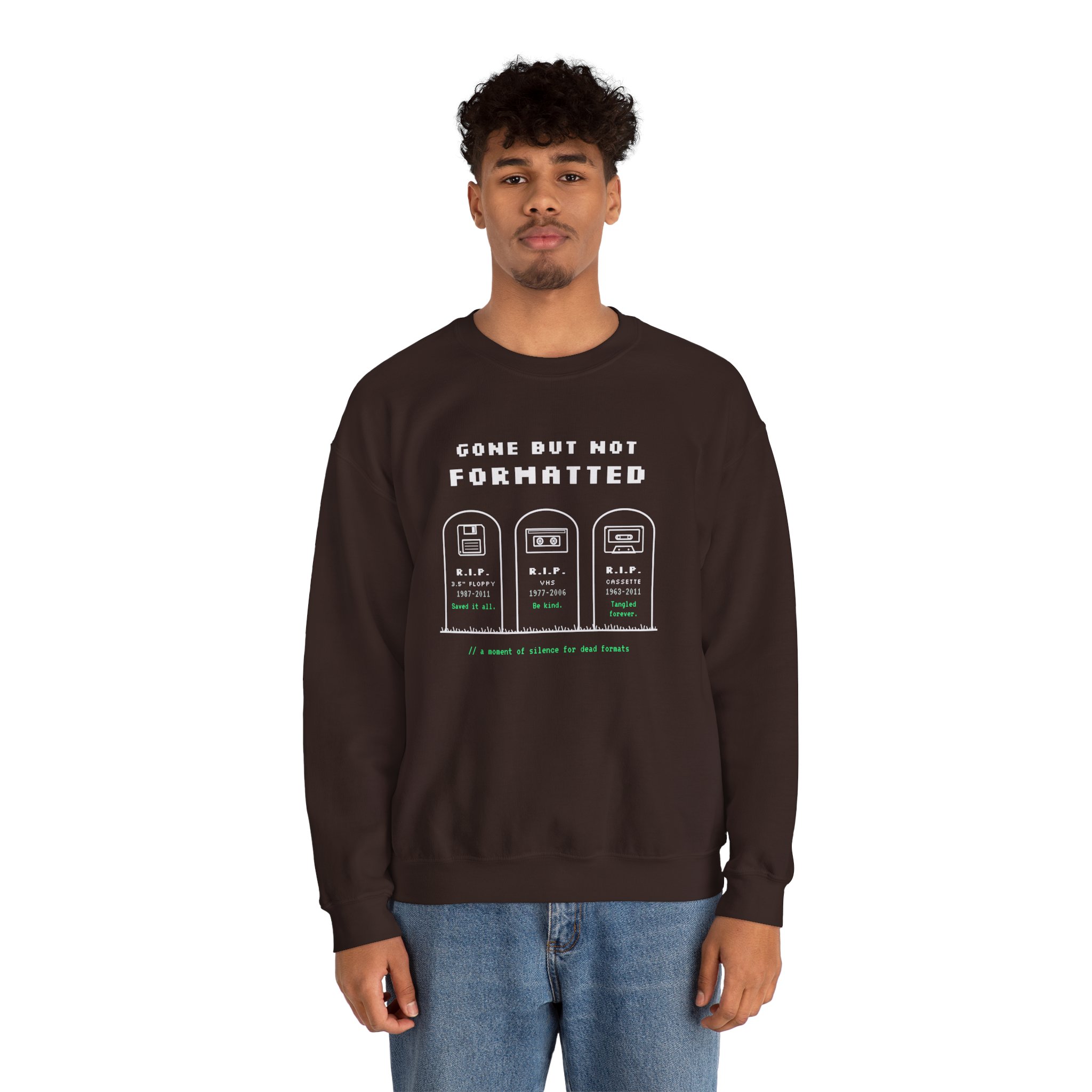 Gone But Not Formatted crewneck sweatshirt in Dark Chocolate, worn by a model, second view