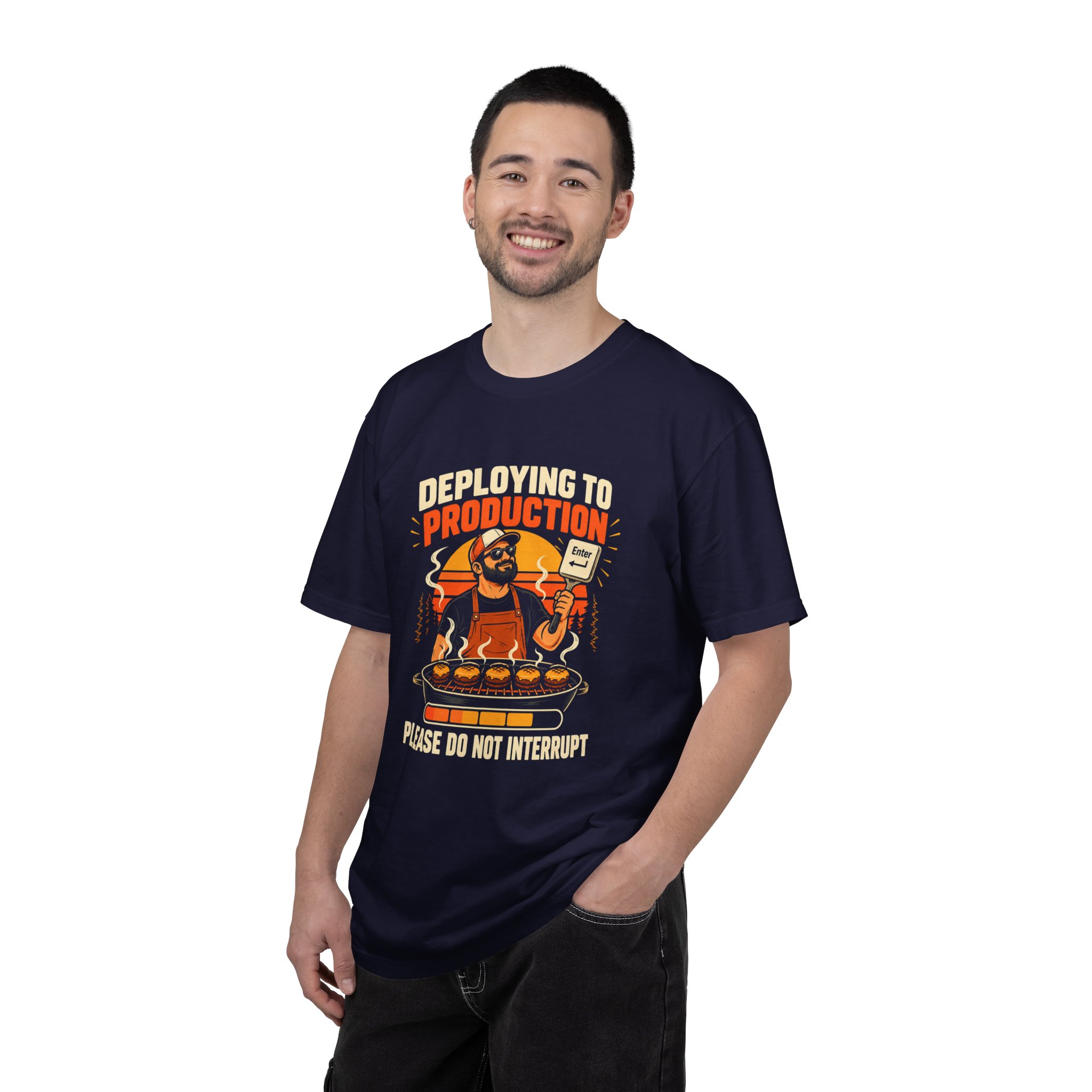 Deploying to Production T-shirt in True Navy, worn by a man