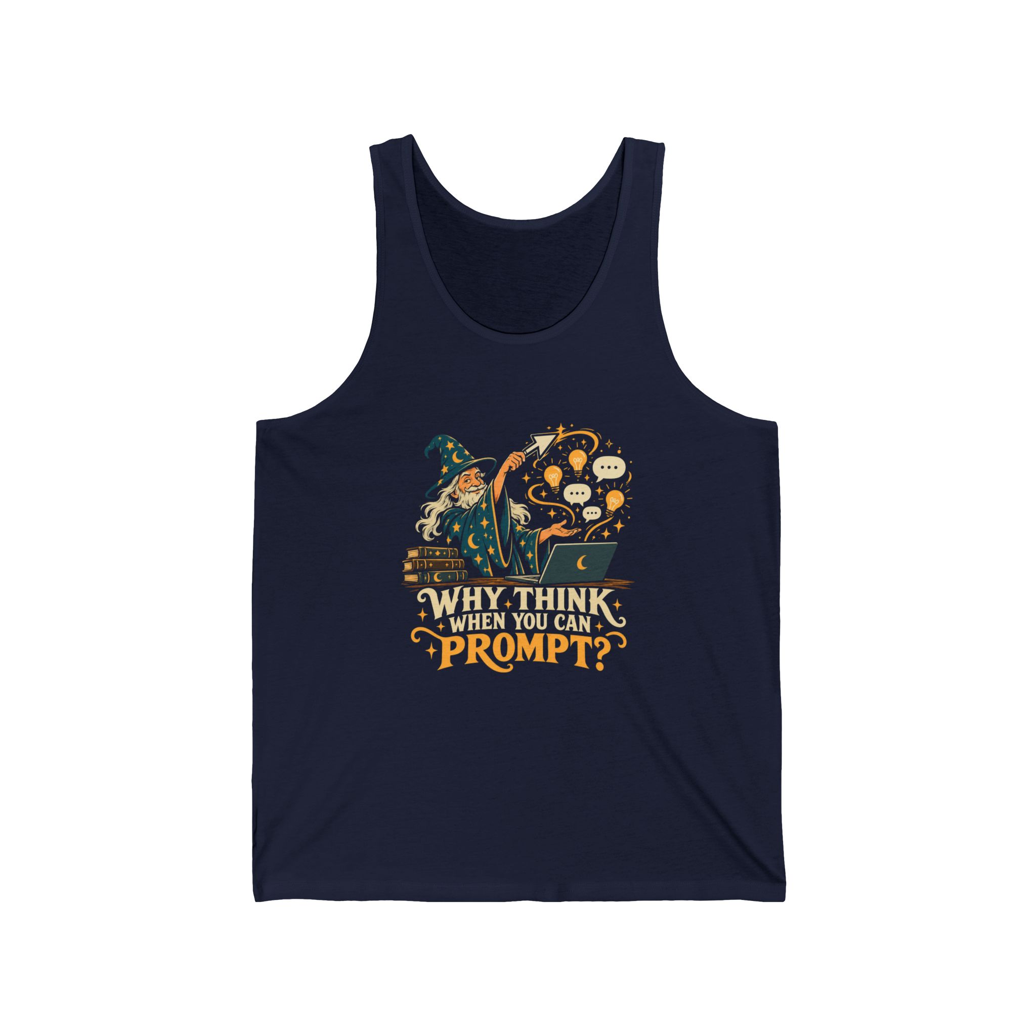 Prompt Wizard unisex tank in Navy, front view