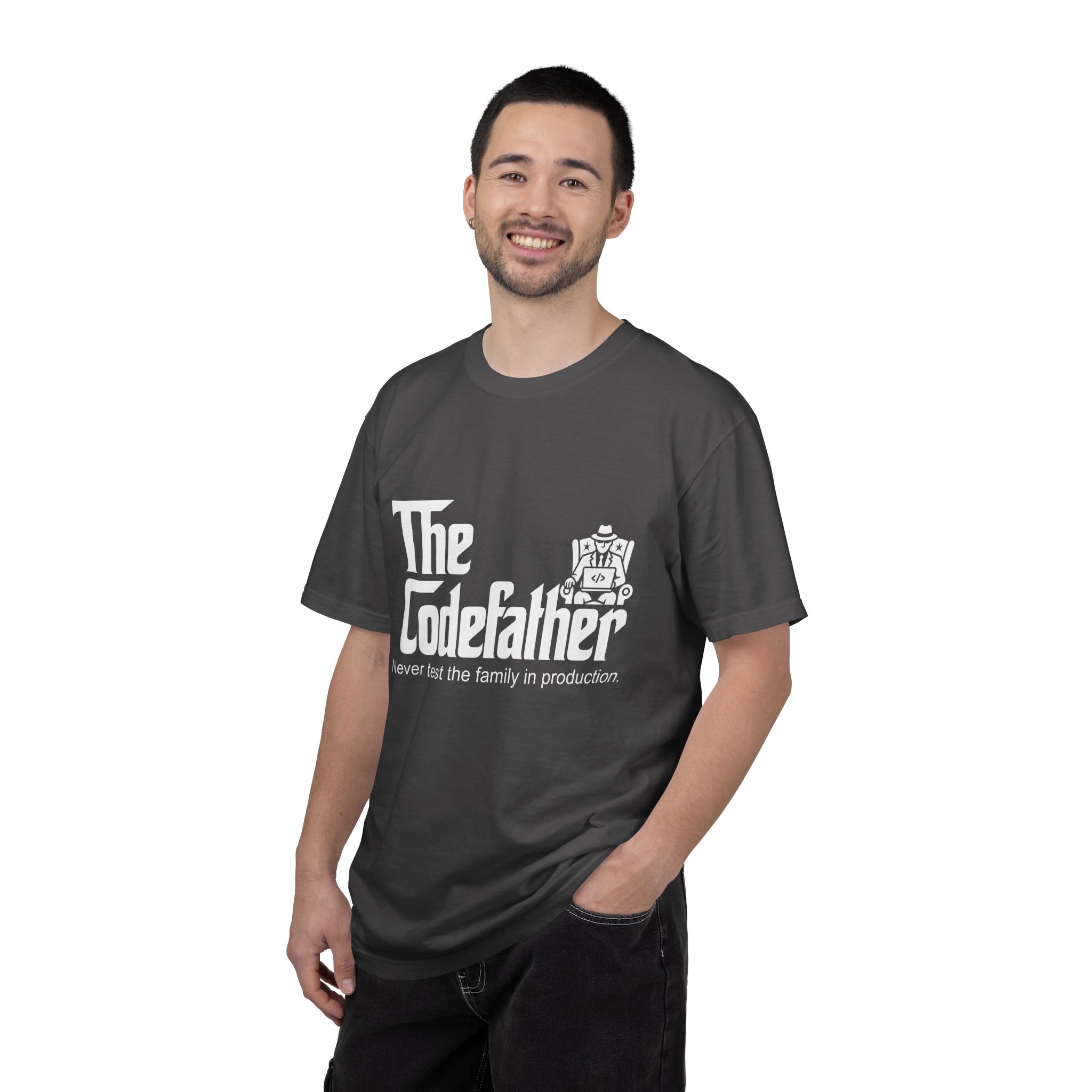 The Codefather T-shirt in Graphite, worn by a man