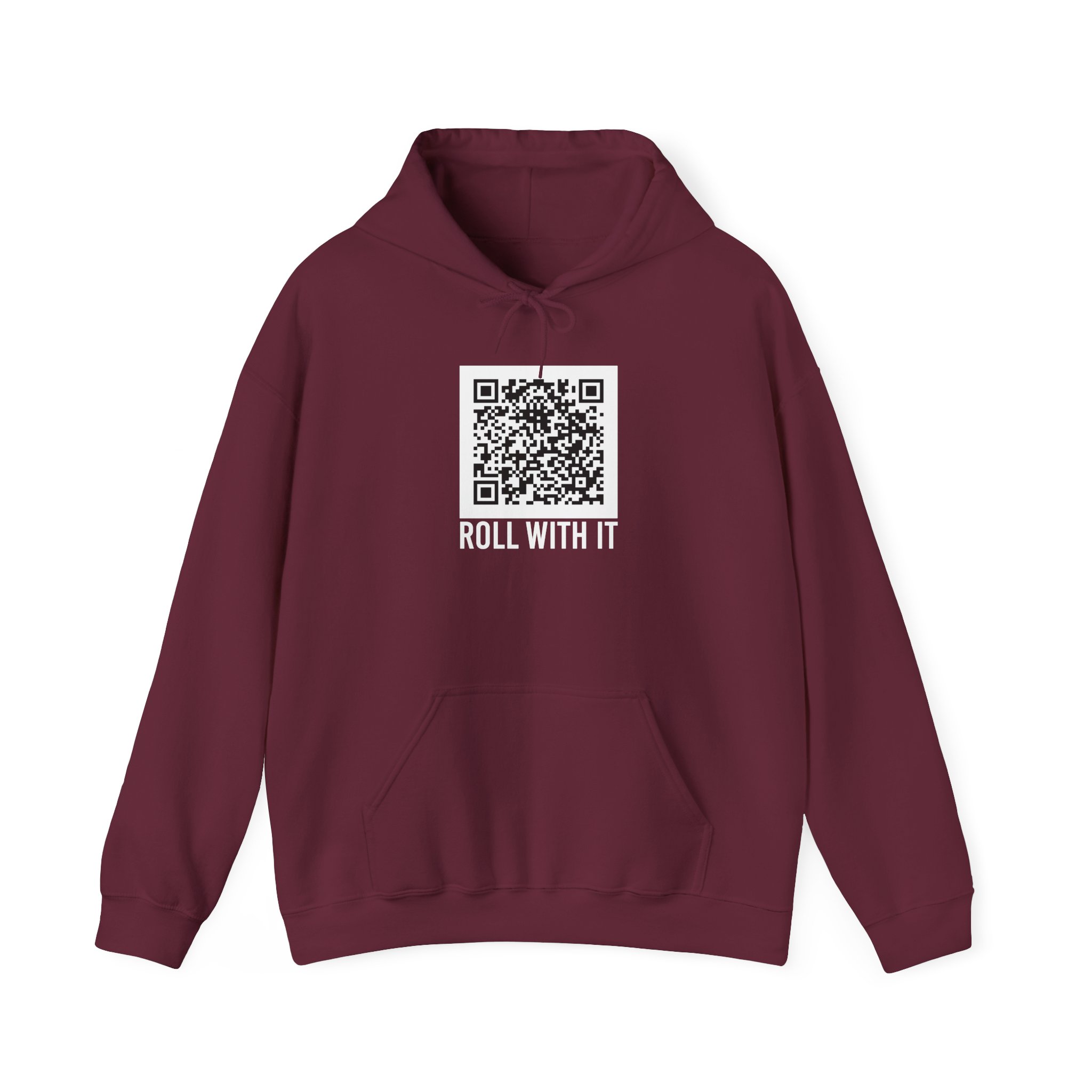 Roll With It QR Code hoodie in Maroon, front view