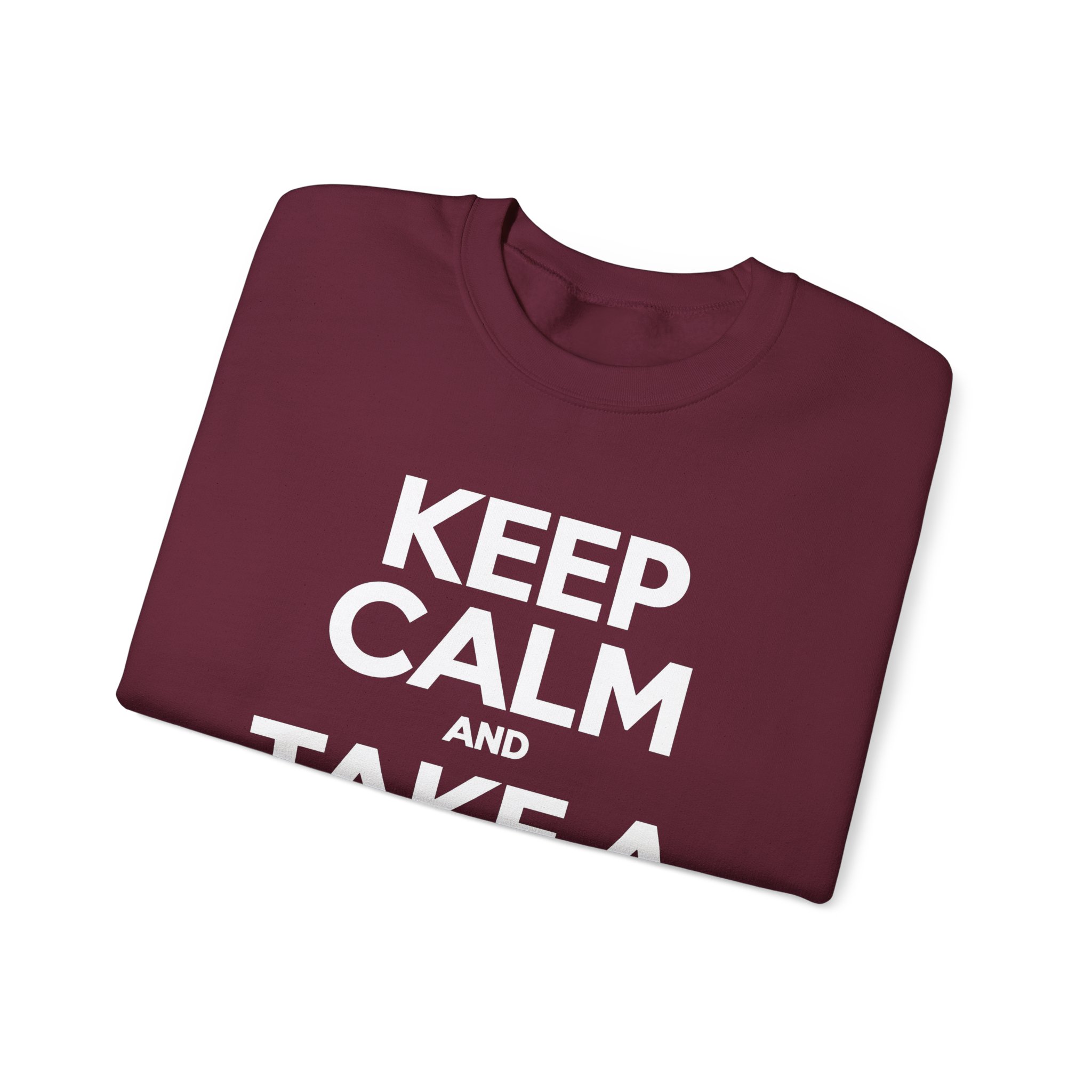 Keep Calm and Take a Break crewneck sweatshirt in Maroon, folded