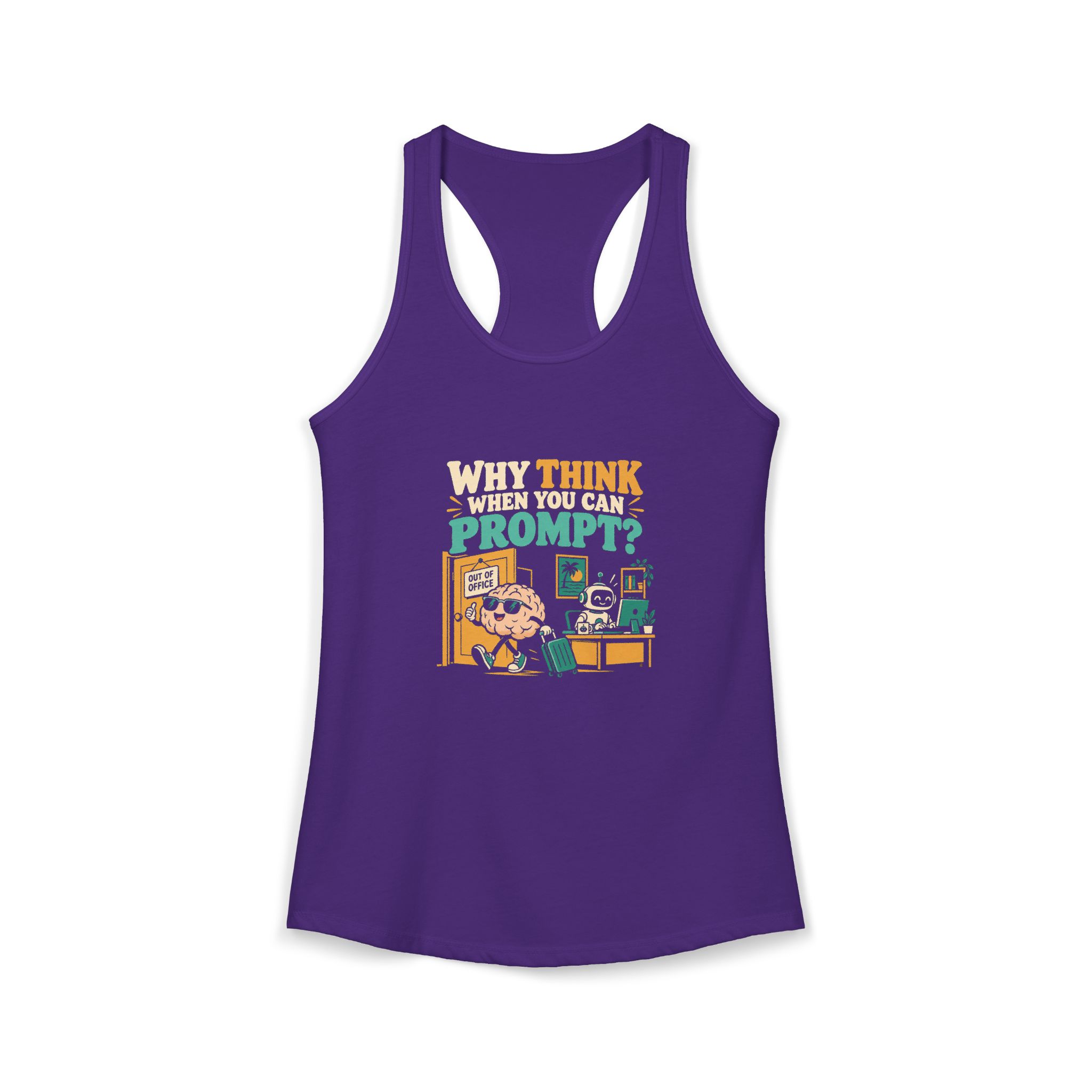 Prompt Out of Office women's racerback tank in Solid Purple Rush, front 2