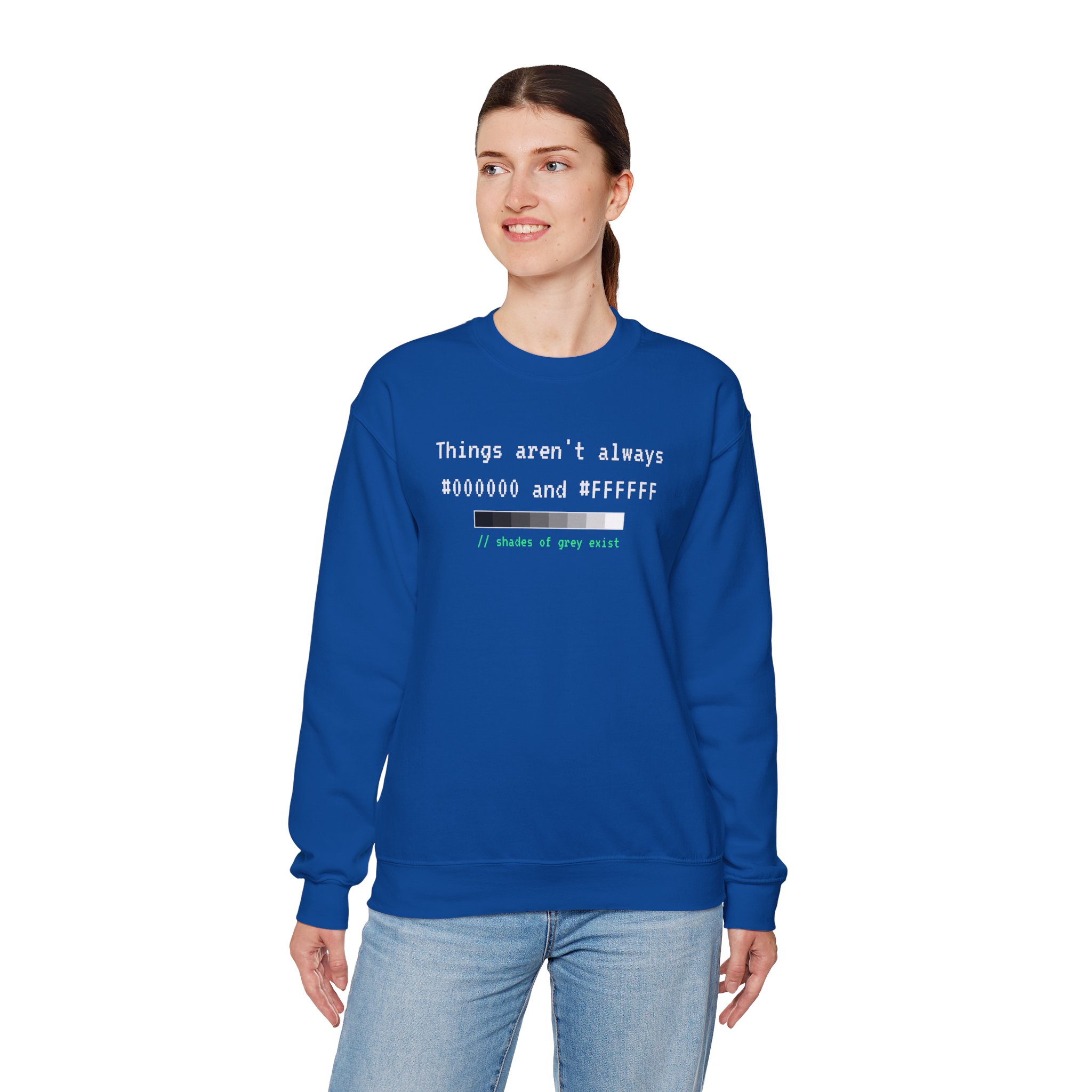 Shades of Grey Exist crewneck sweatshirt in Royal, worn by a model, fourth view