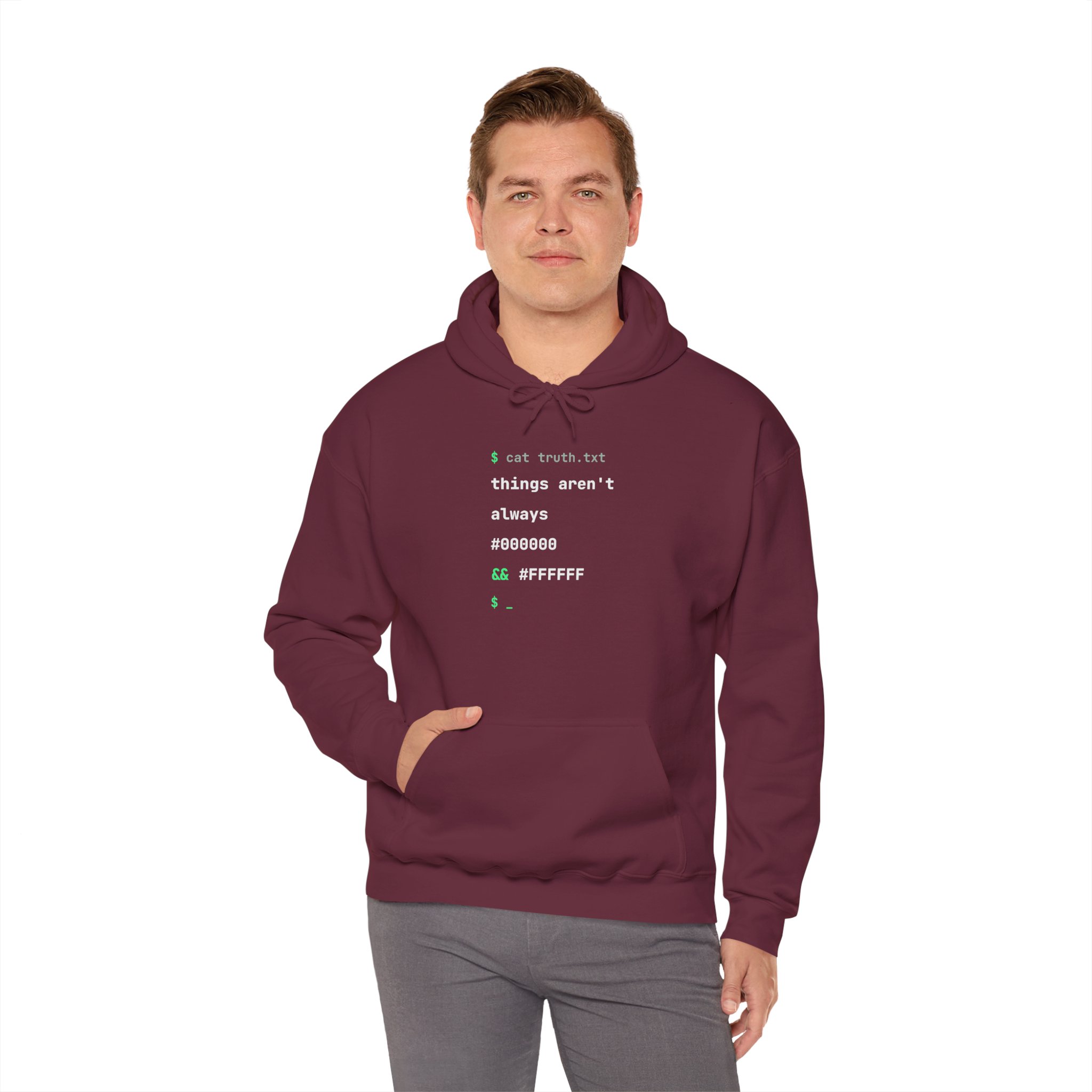 cat truth.txt hoodie in Maroon, worn by a model, fourth view