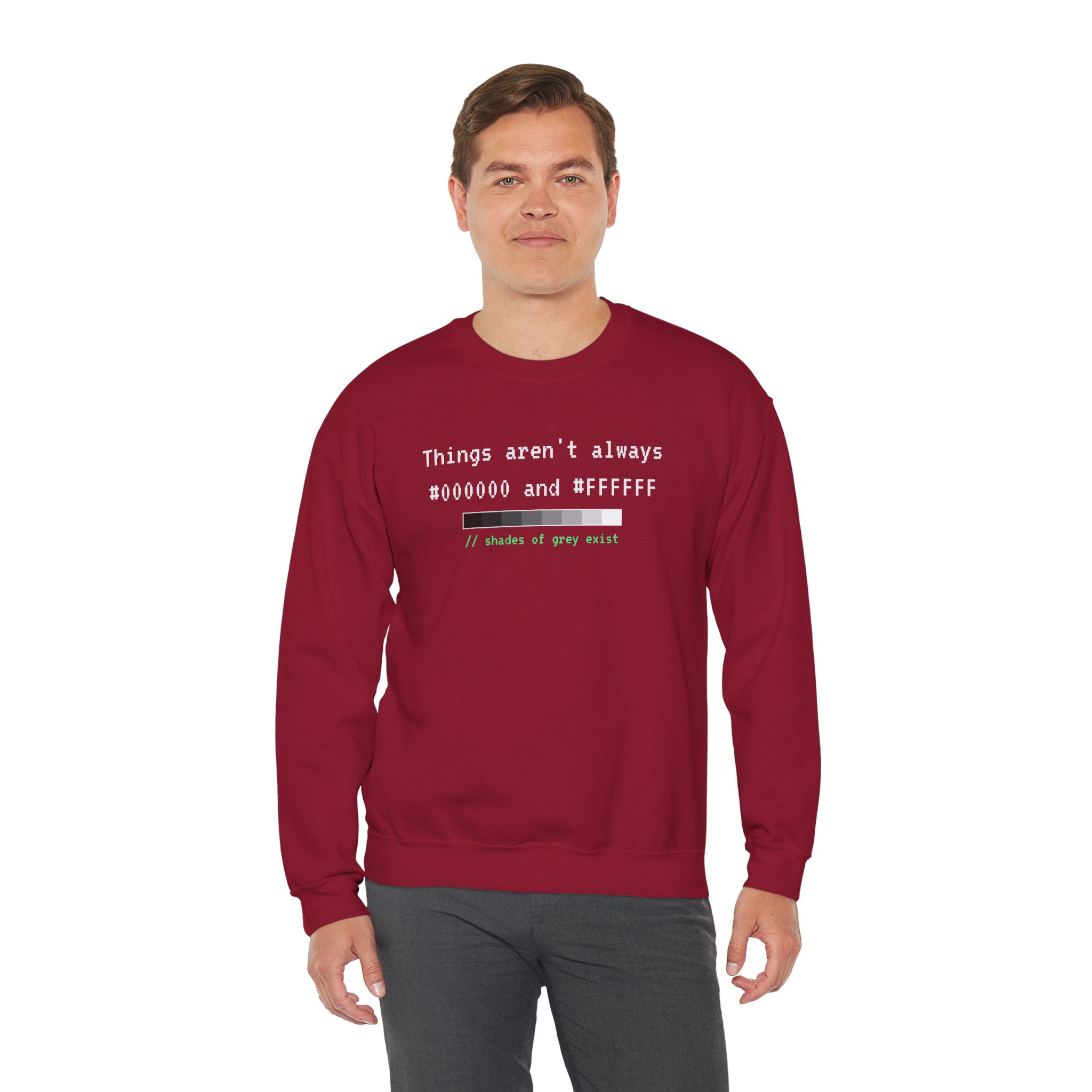 Shades of Grey Exist crewneck sweatshirt in Cardinal Red, worn by a model, third view
