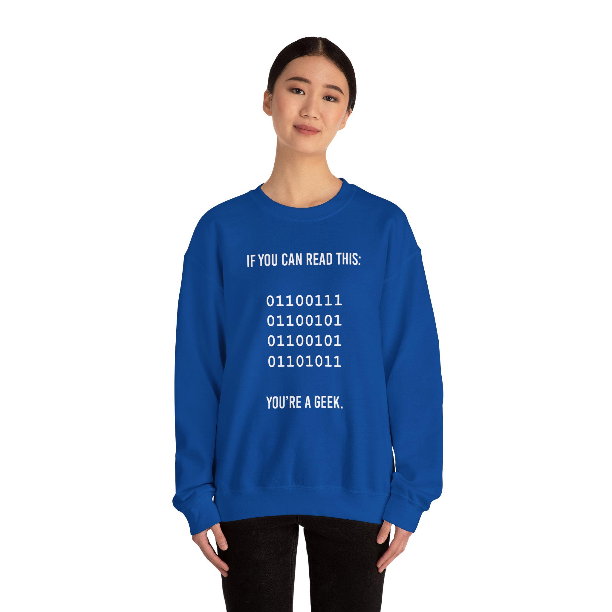 Geek Binary Code crewneck sweatshirt in Royal, worn by a model