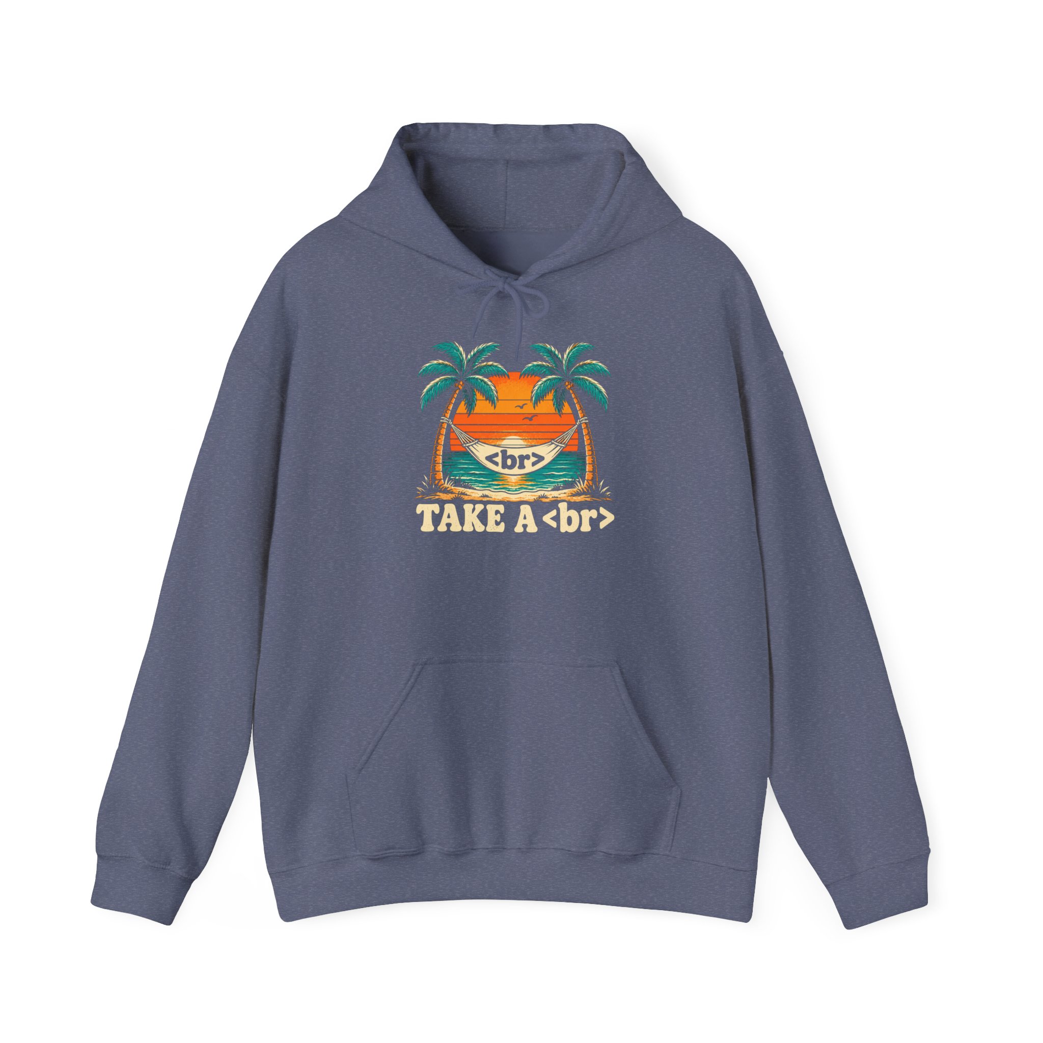 Take a Break Hammock hoodie in Heather Navy, front view