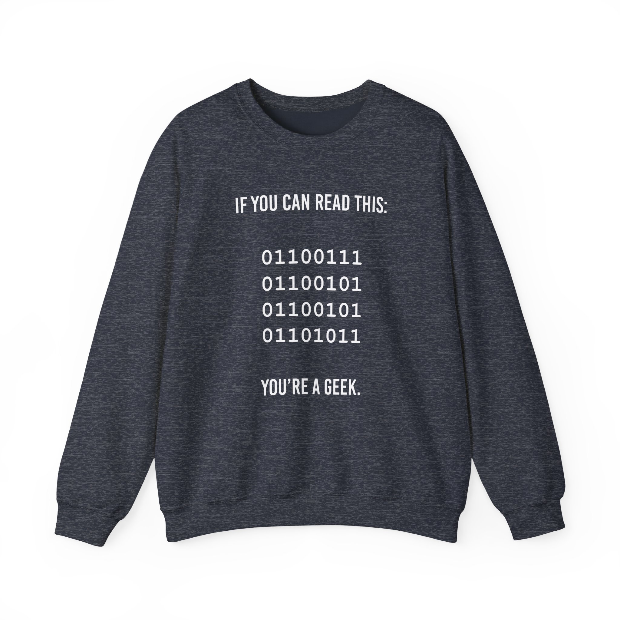 Geek Binary Code crewneck sweatshirt in Heather Sport Dark Navy, front view