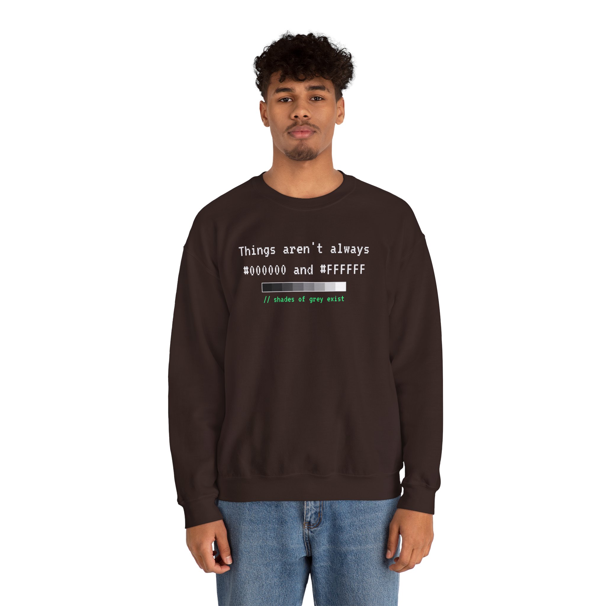 Shades of Grey Exist crewneck sweatshirt in Dark Chocolate, worn by a model, second view