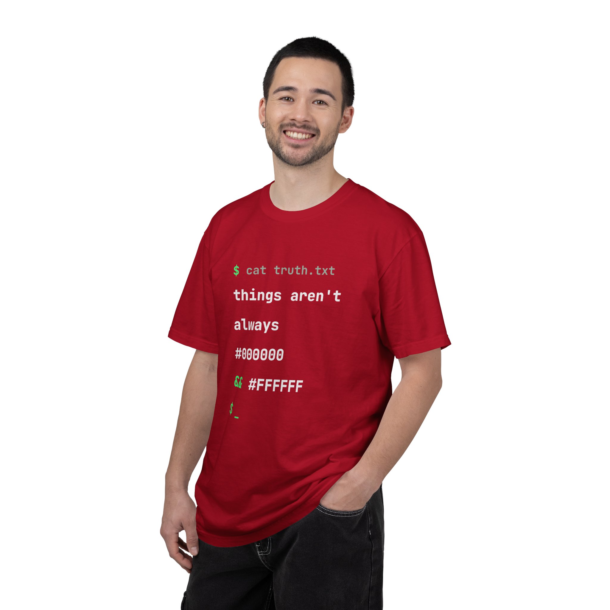 cat truth.txt T-shirt in Red, worn by a man
