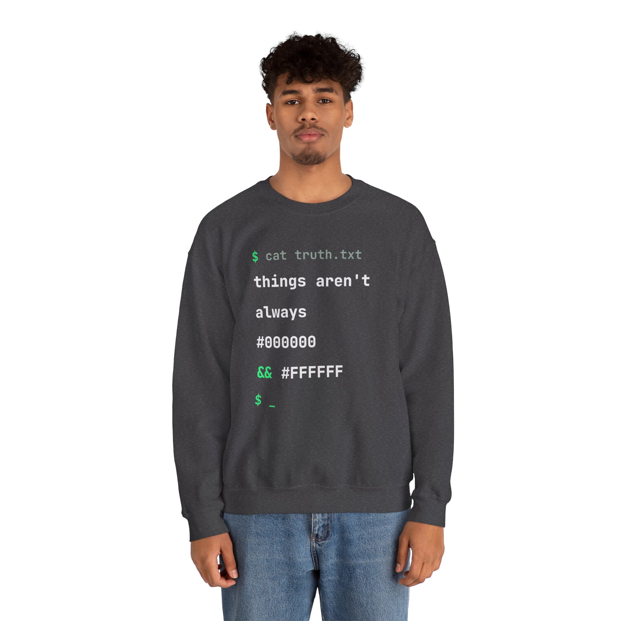 cat truth.txt crewneck sweatshirt in Dark Heather, worn by a model, second view