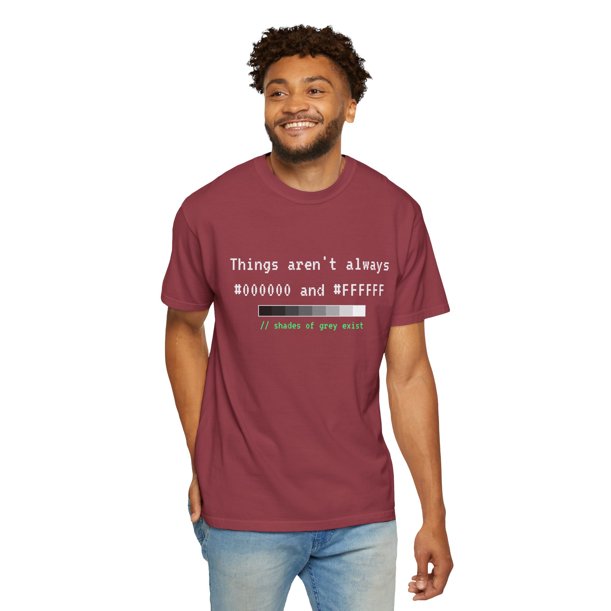 Shades of Grey Exist T-shirt in Chili, worn by a man, second model