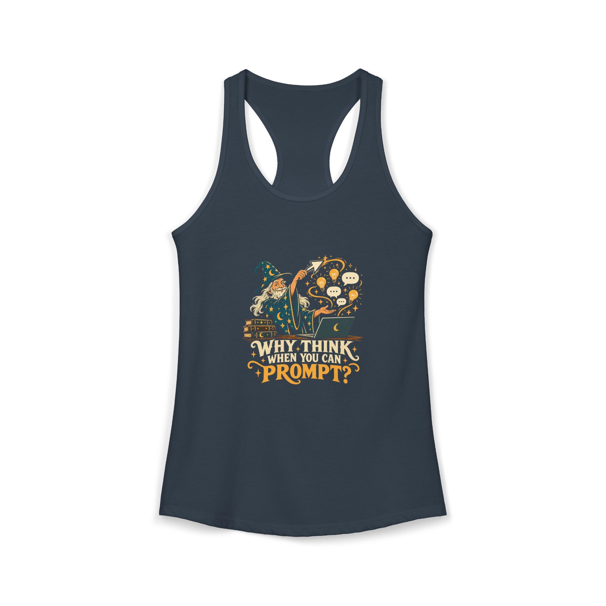 Prompt Wizard women's racerback tank in Solid Indigo, front 2