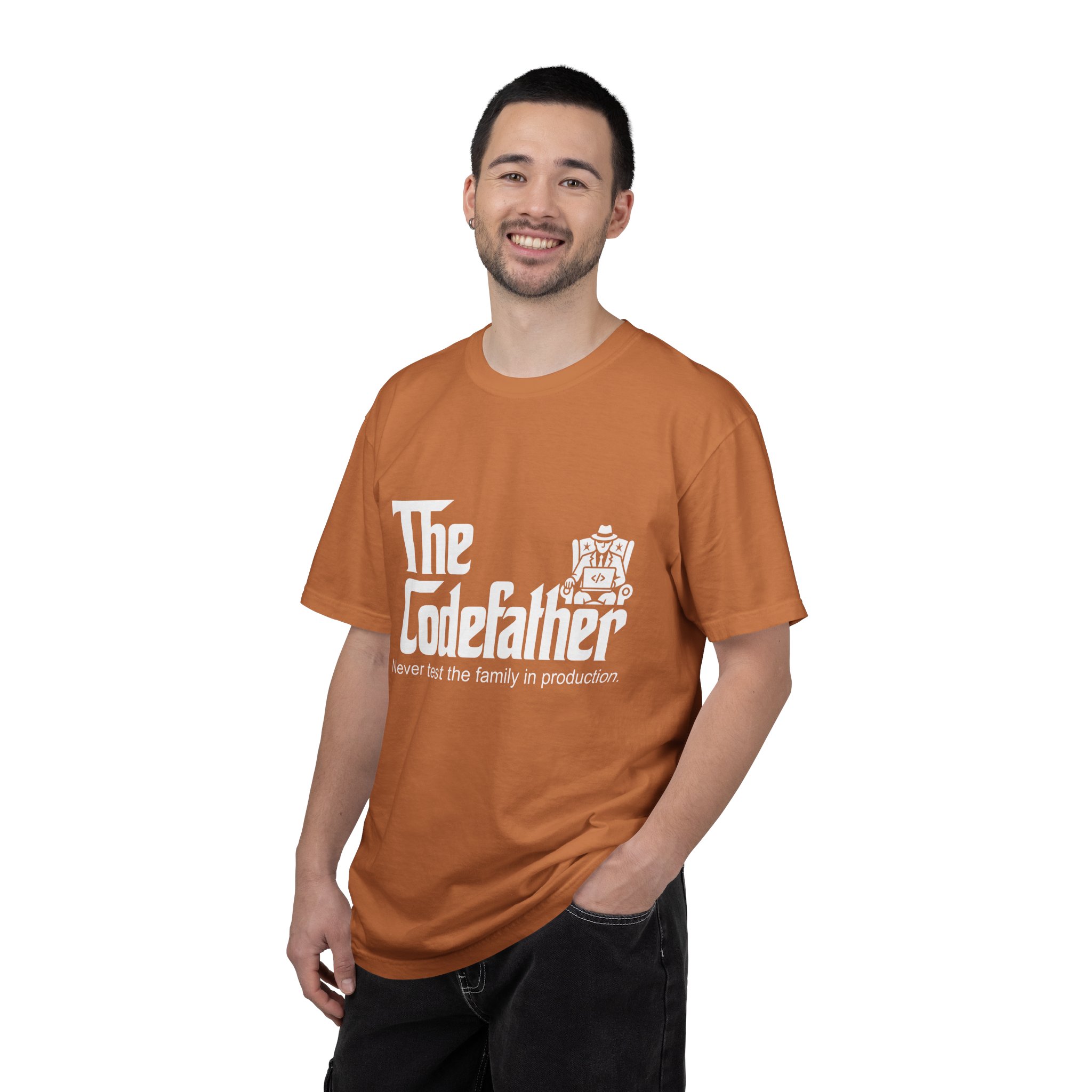 The Codefather T-shirt in Yam, worn by a man