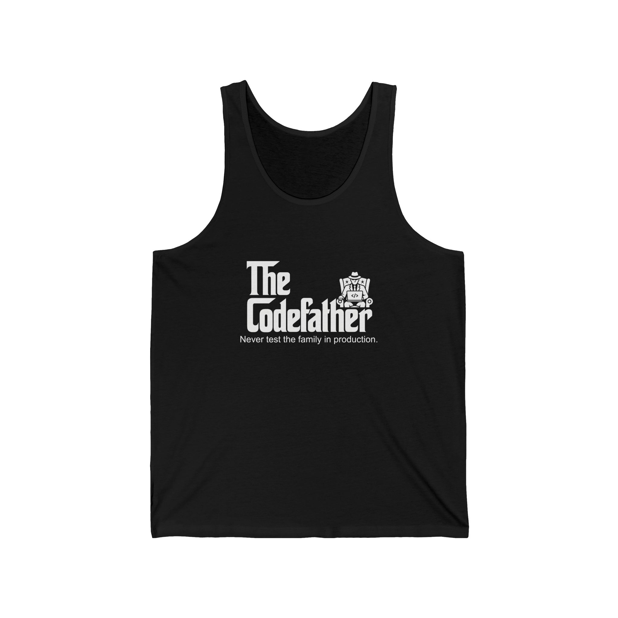 The Codefather unisex tank in Black, front view