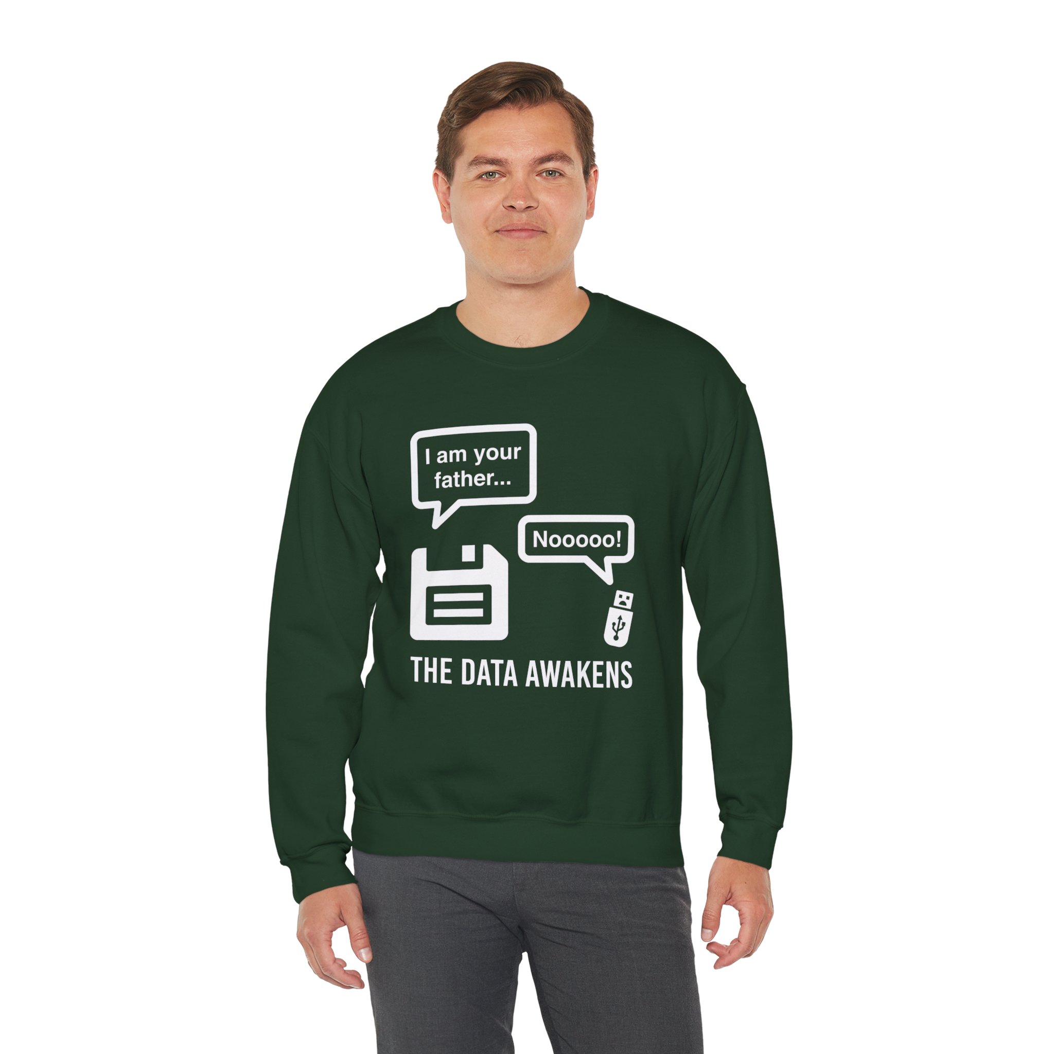 The Data Awakens crewneck sweatshirt in Forest Green, worn by a model, third view