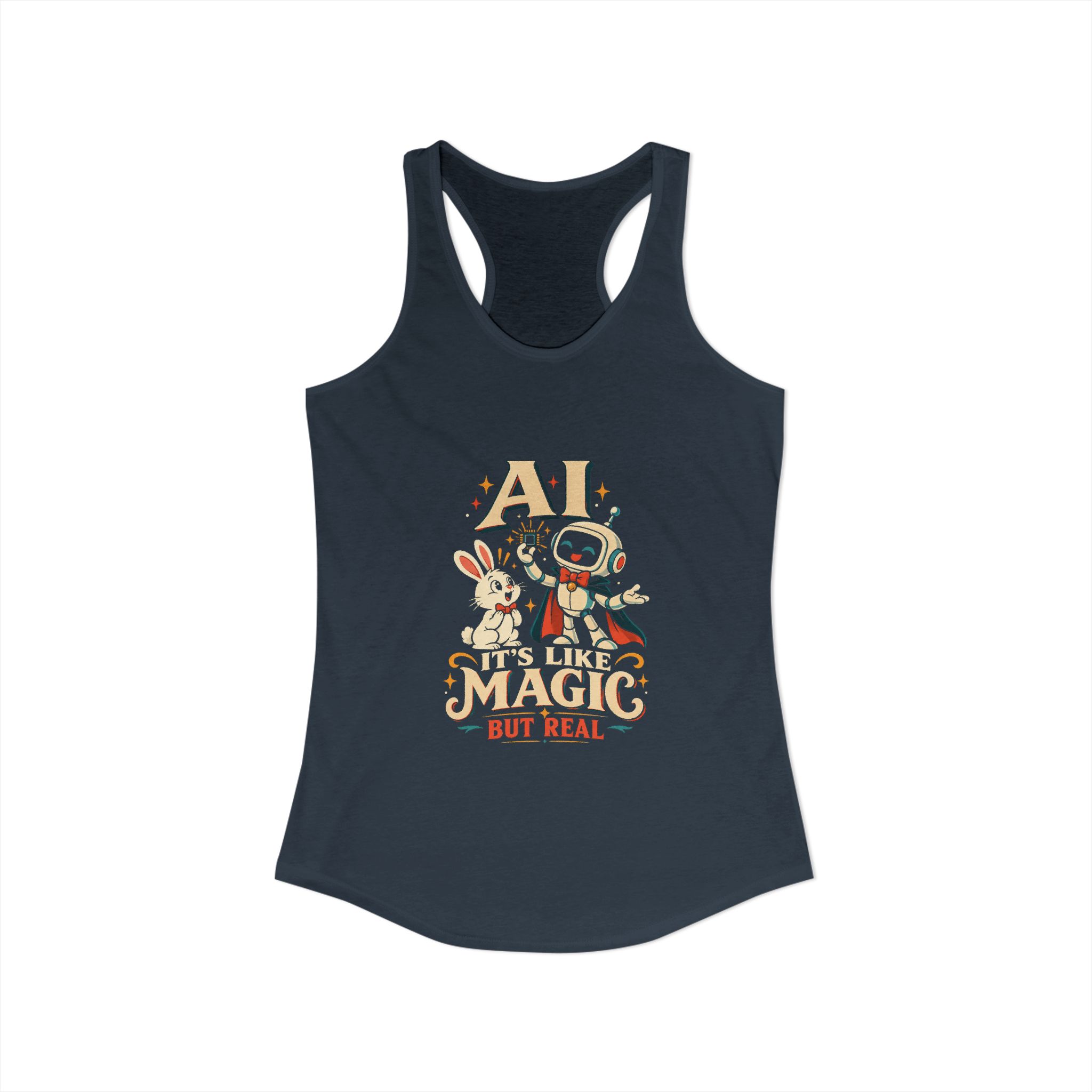 AI Magic Bunny women's racerback tank in Solid Indigo, front view