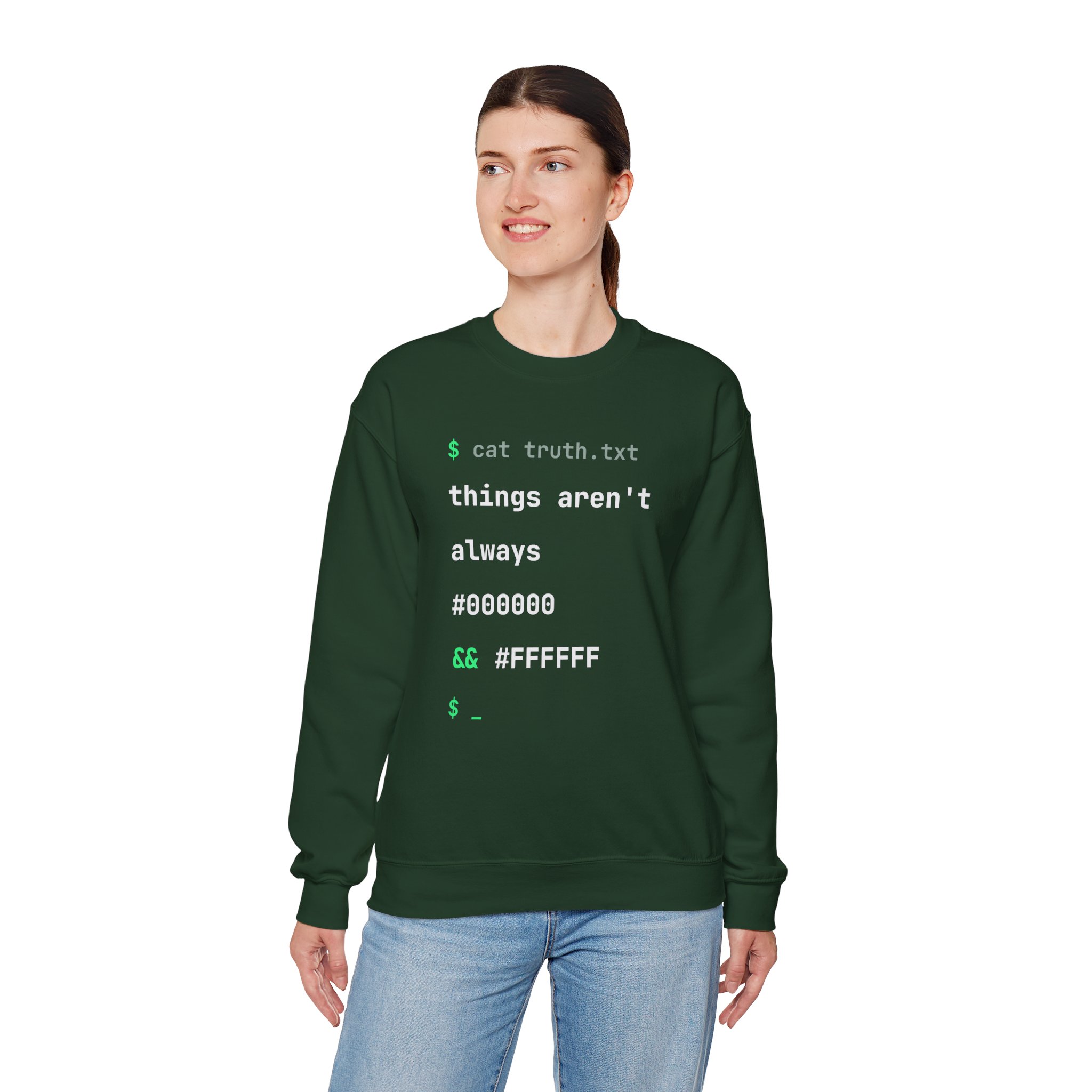 cat truth.txt crewneck sweatshirt in Forest Green, worn by a model, fourth view