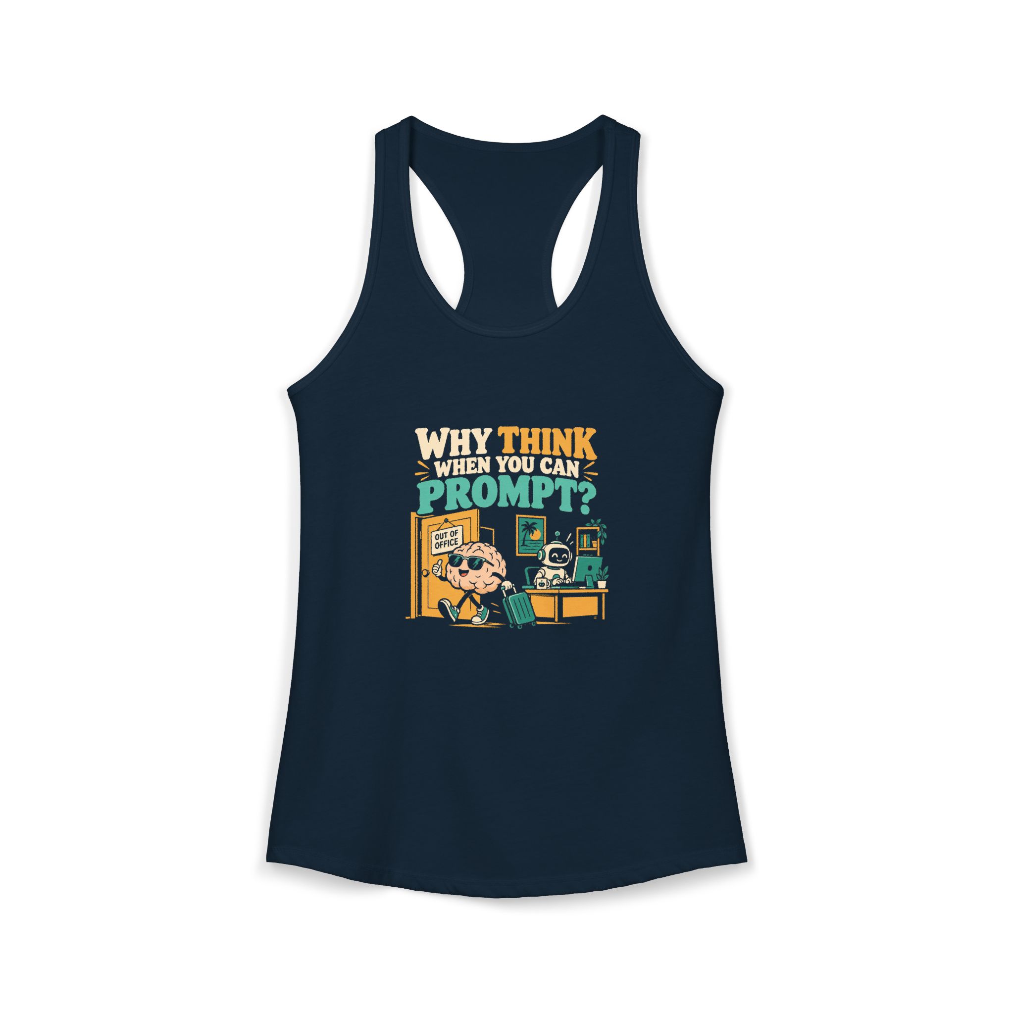 Prompt Out of Office women's racerback tank in Solid Midnight Navy, front 2