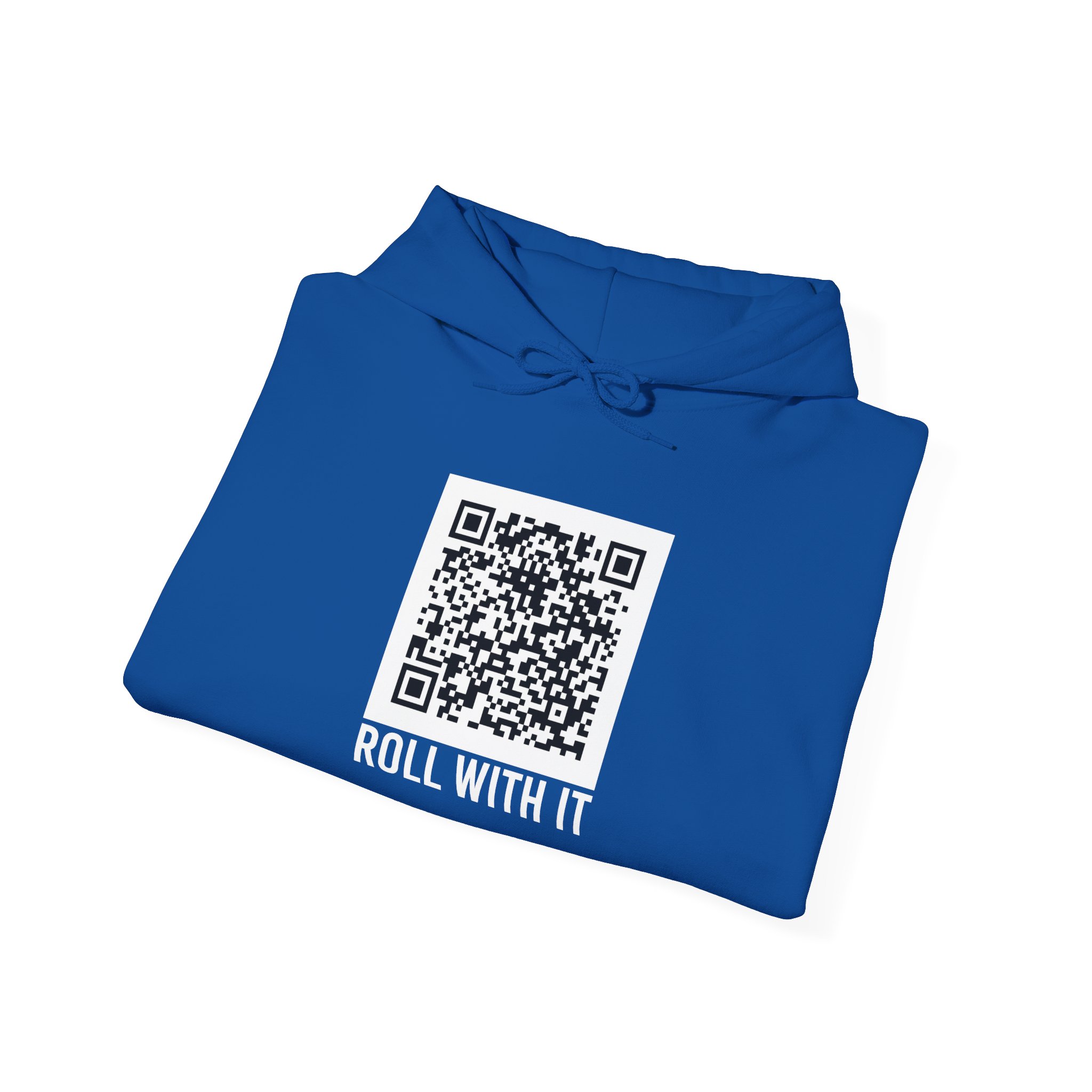 Roll With It QR Code hoodie in Royal, folded