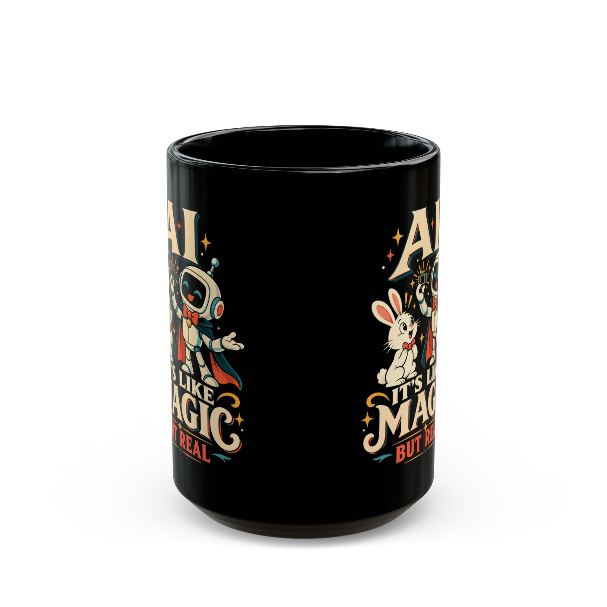 AI Magic Bunny black mug, 15 oz, front view
